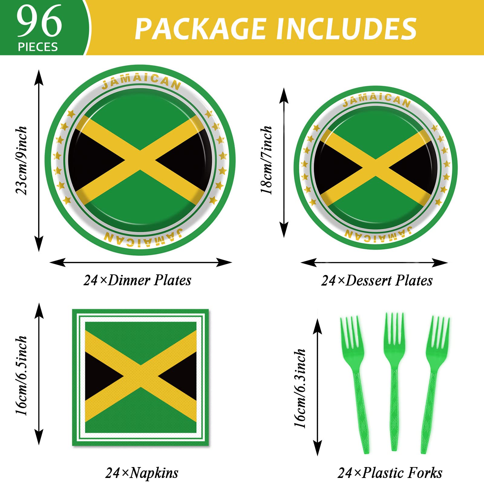 96 PCS Jamaica Flag Party Supplies Paper Plates Napkins Jamaica Birthday Decorations Favors for Jamaican Serves 24