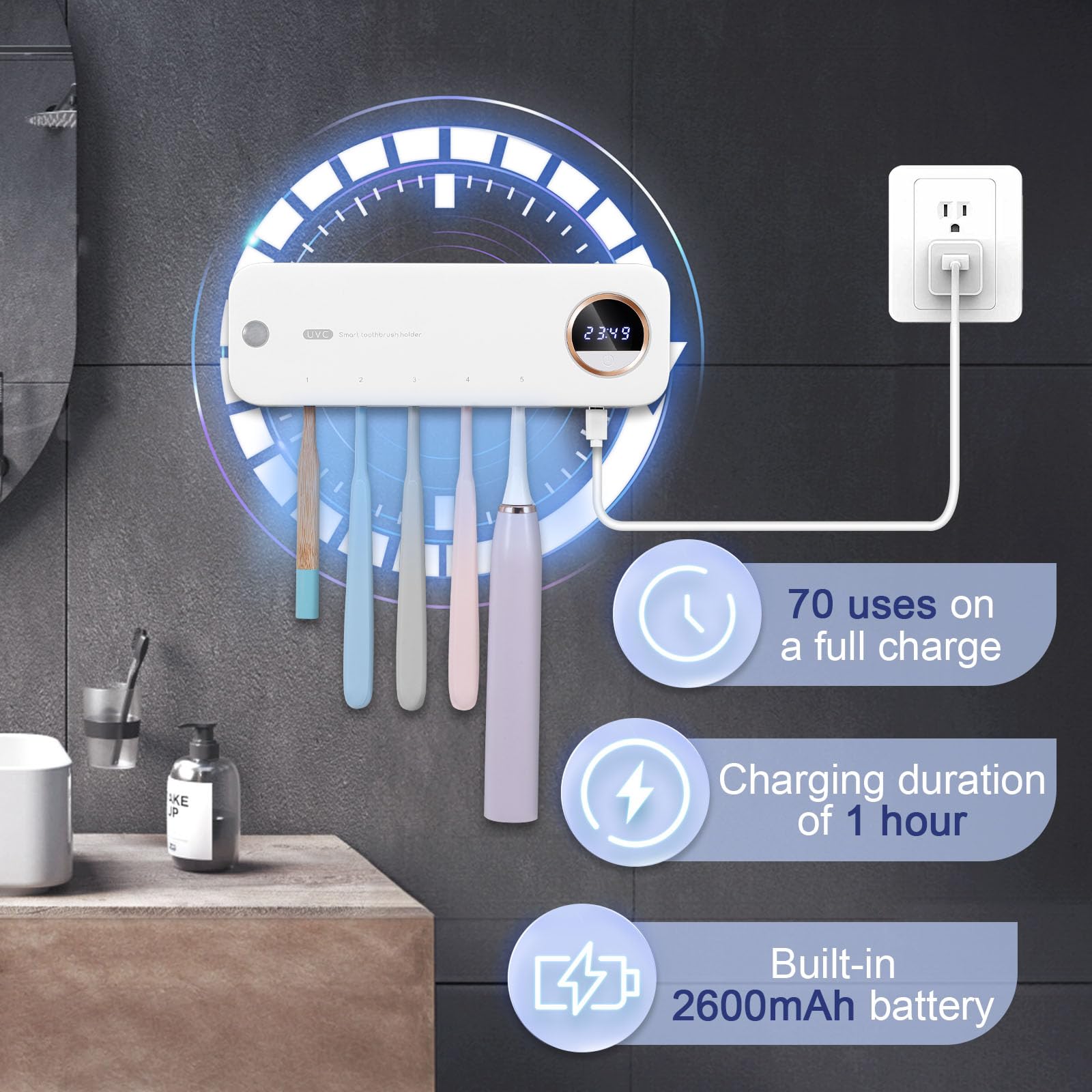 Gfbebdvtoothbrush Cleaner And Automatic Toothpaste Extruder Set,Toothbrush Holder Cleaner,Fan Drying And Timerfunction,Automatic