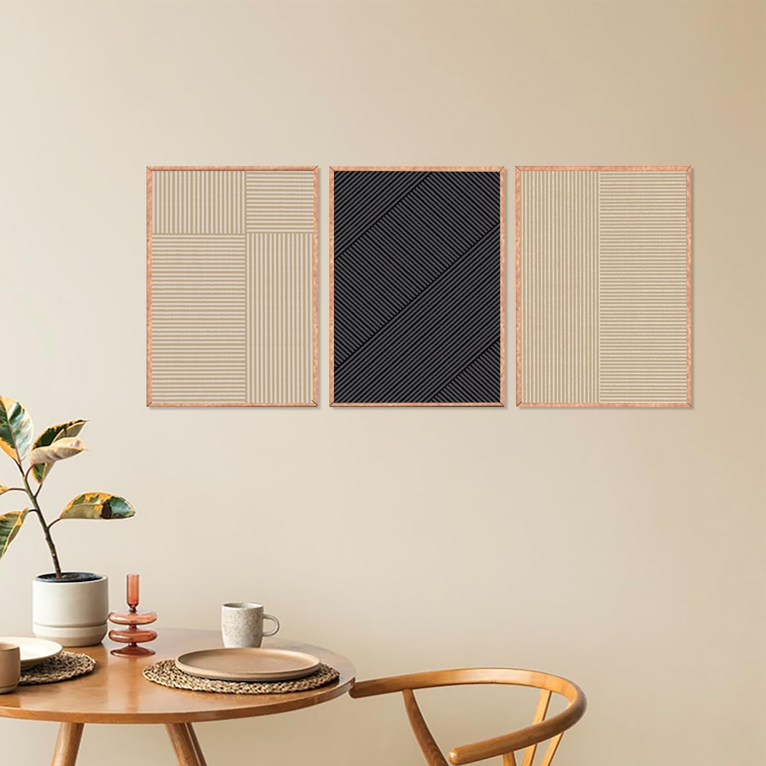 Kairne Minimalist Line Framed Canvas Wall Art Set, Beige Textured Wall Decor, Neutral Illustration Wall Painting, Modern Brown A