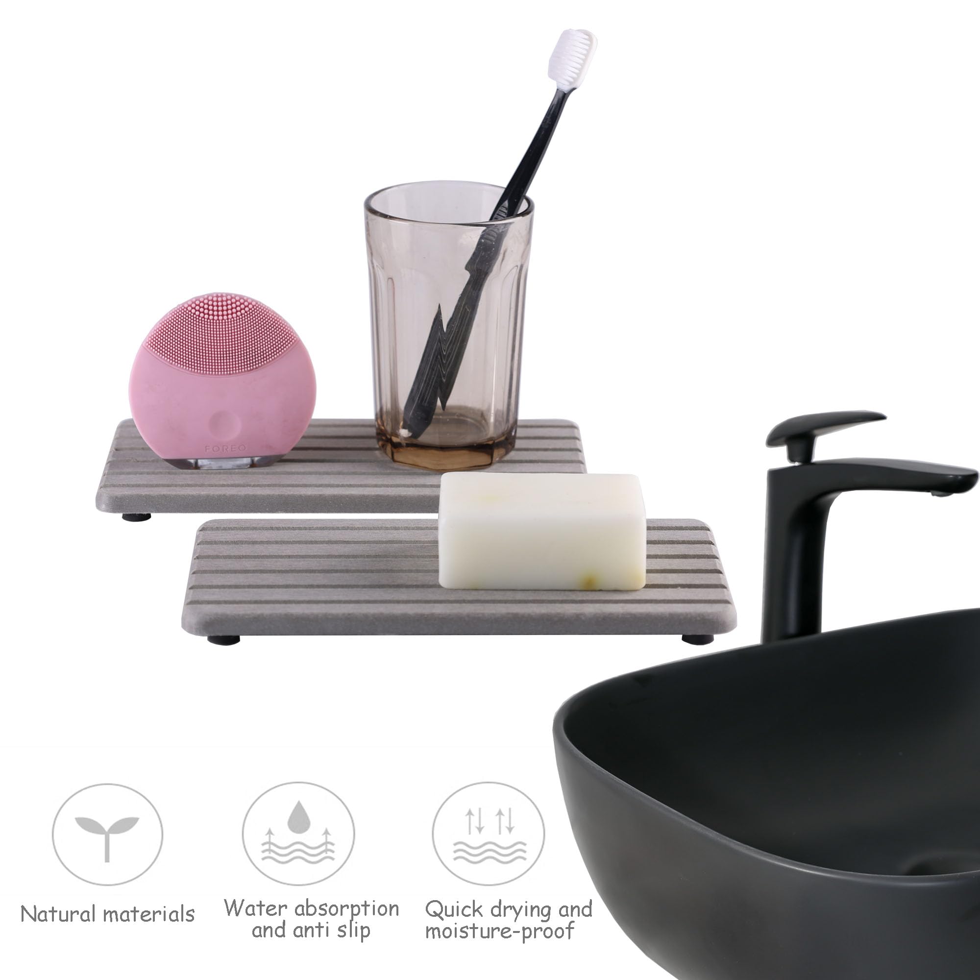 Niuyichee 2 Pcs Water Absorbent Diatomite Coasters Rectangle, Grooved Design, Water Absorbing Stone Used For Hand Soaps & Plants