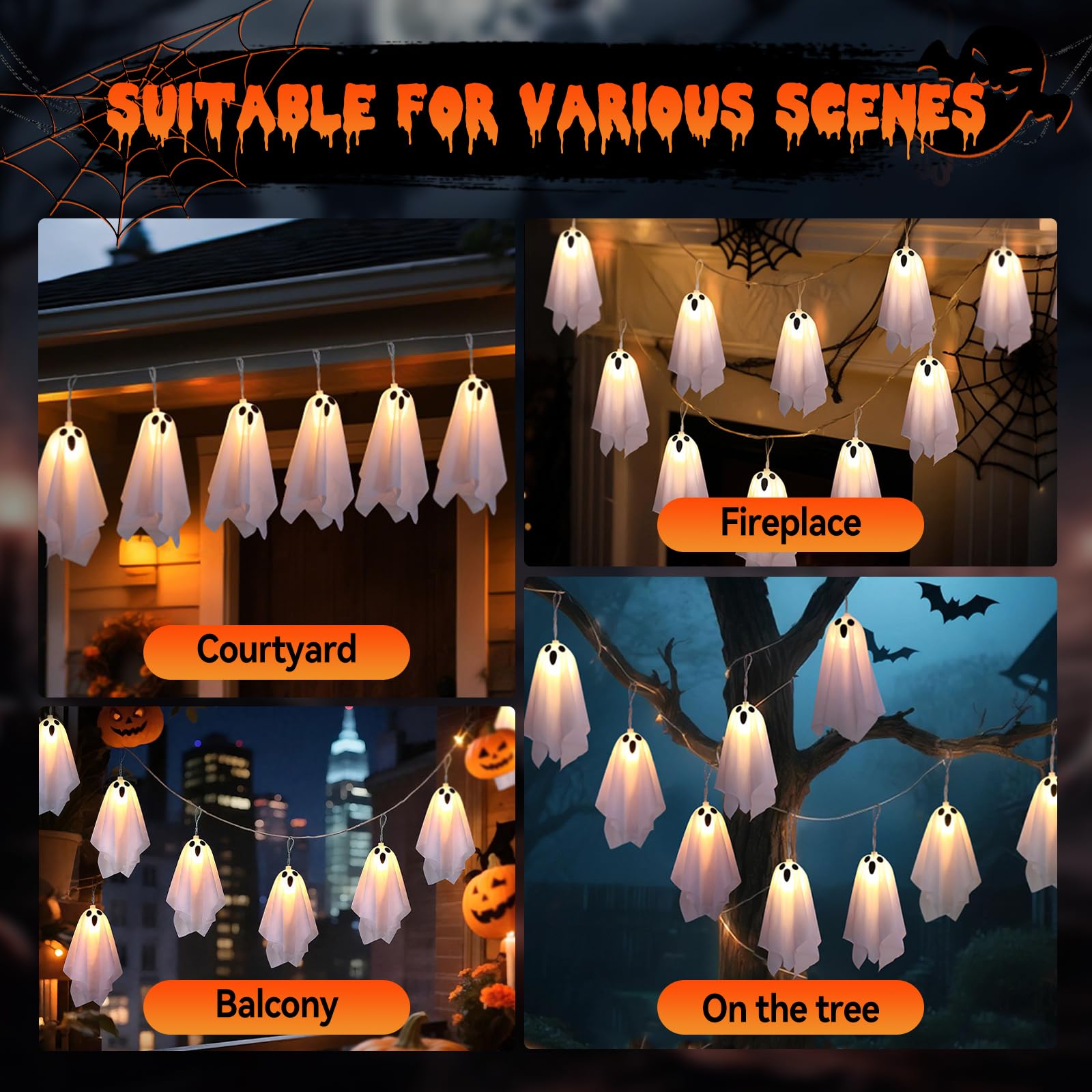 Halloween Decorations Outdoor Hanging Ghosts, Hanging Ghost String Lights 20FT LED Ghost Light with White Creep Cloth and Black