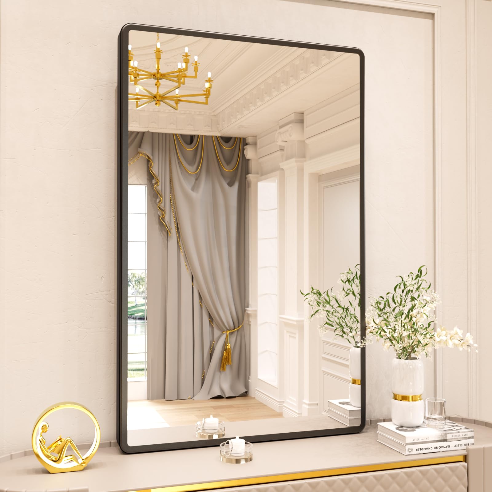 Pertetey New Upgrade 48X30 Inch Wall Mounted Bathroom Mirror, Black Metal Frame Rounded Rectangle Mirror, Bathroom Vanity Mirror