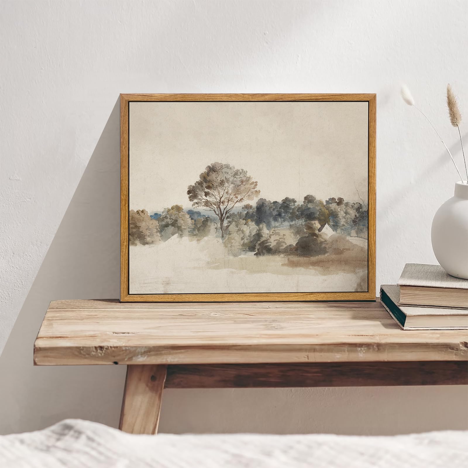 Kbkbart Framed Vintage Neutral Wall Art Prints, Antique Rustic Muted Landscape Canvas Painting, Retro Countryside Nature Wildern