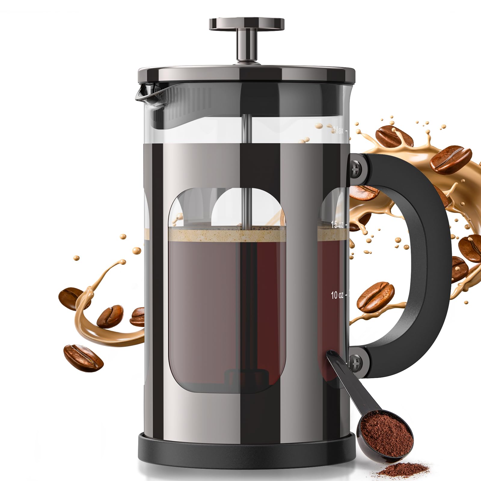 Veken French Press Coffee Maker 21oz 0.6 L, Heat Resistant Thickened Borosilicate Glass,Stainless Steel Brewer,Single Serve Smal