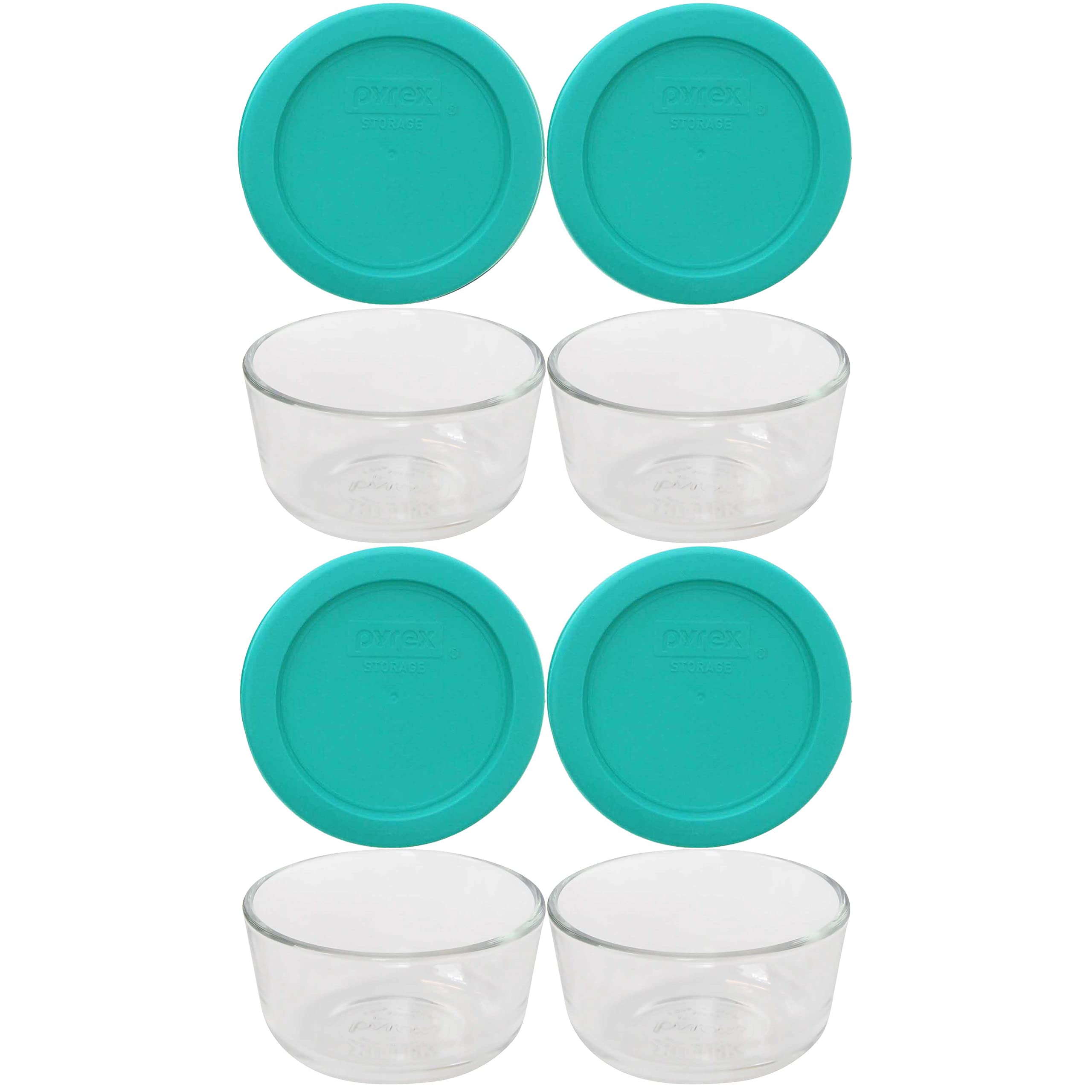Pyrex (4 7202 1-Cup Glass Bowls And (4) 7202-Pc 1-Cup Turquoise Lids Made In The Usa
