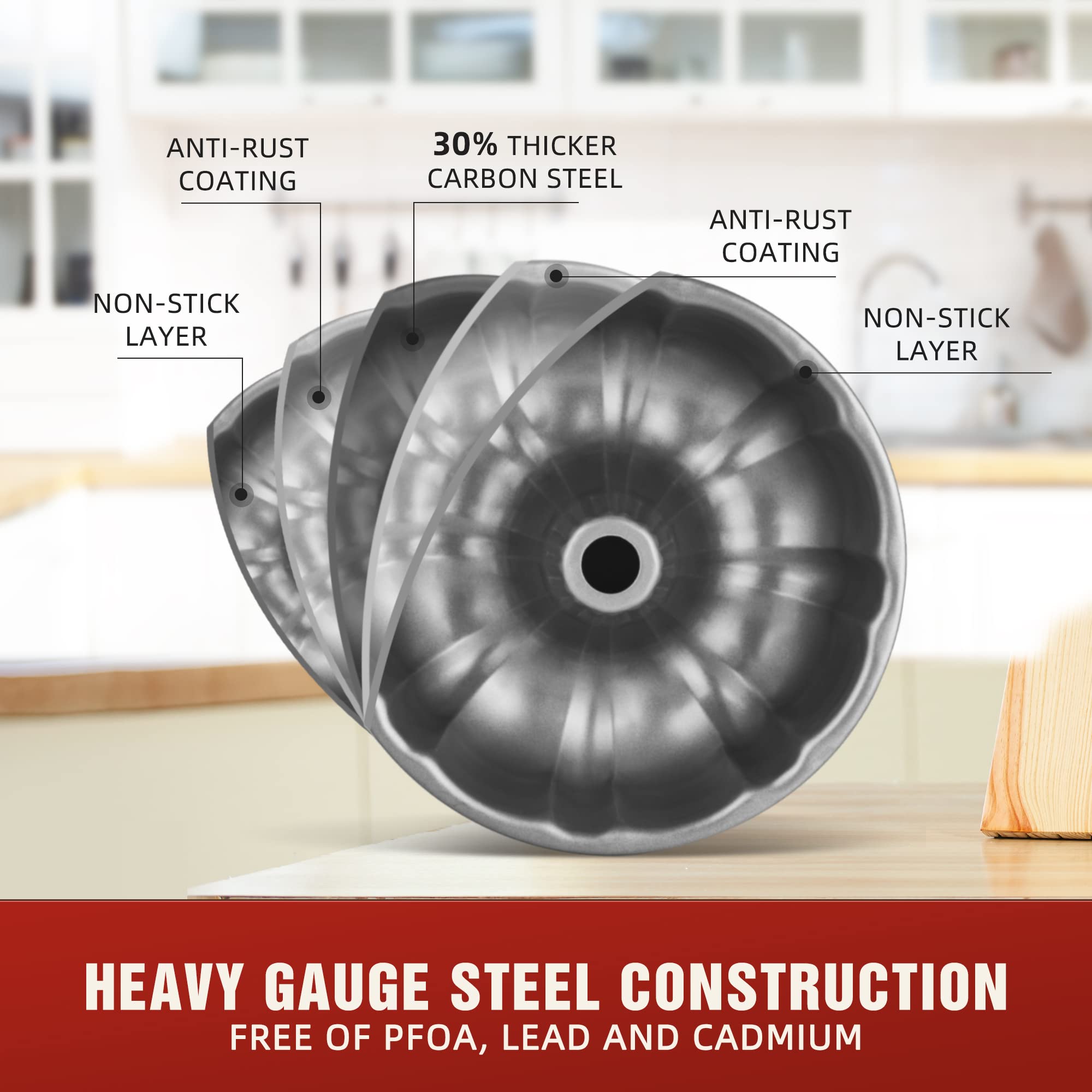 Kitessensu 9 Inch Non-Stick Cake Pans, 12 Cups Premium Fluted Pans For Baking, Heavy Duty Carbon Steel Tube Baking Mold, Gray