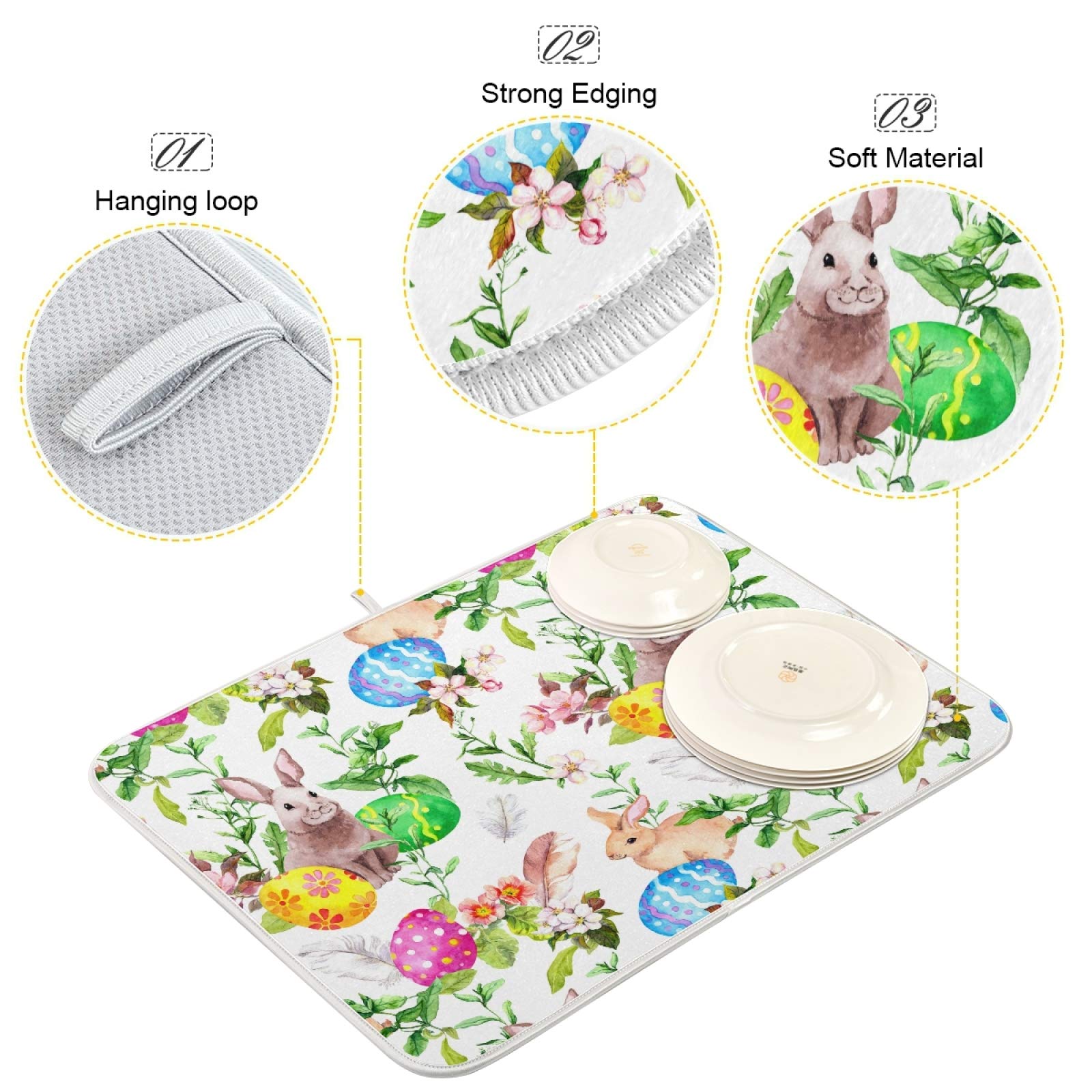 Zzwwr Easter Bunny Eggs Floral Pattern Absorbent Dish Drying Mat, 16 X 18 Inches Microfiber Kitchen Countertop Table Protector M