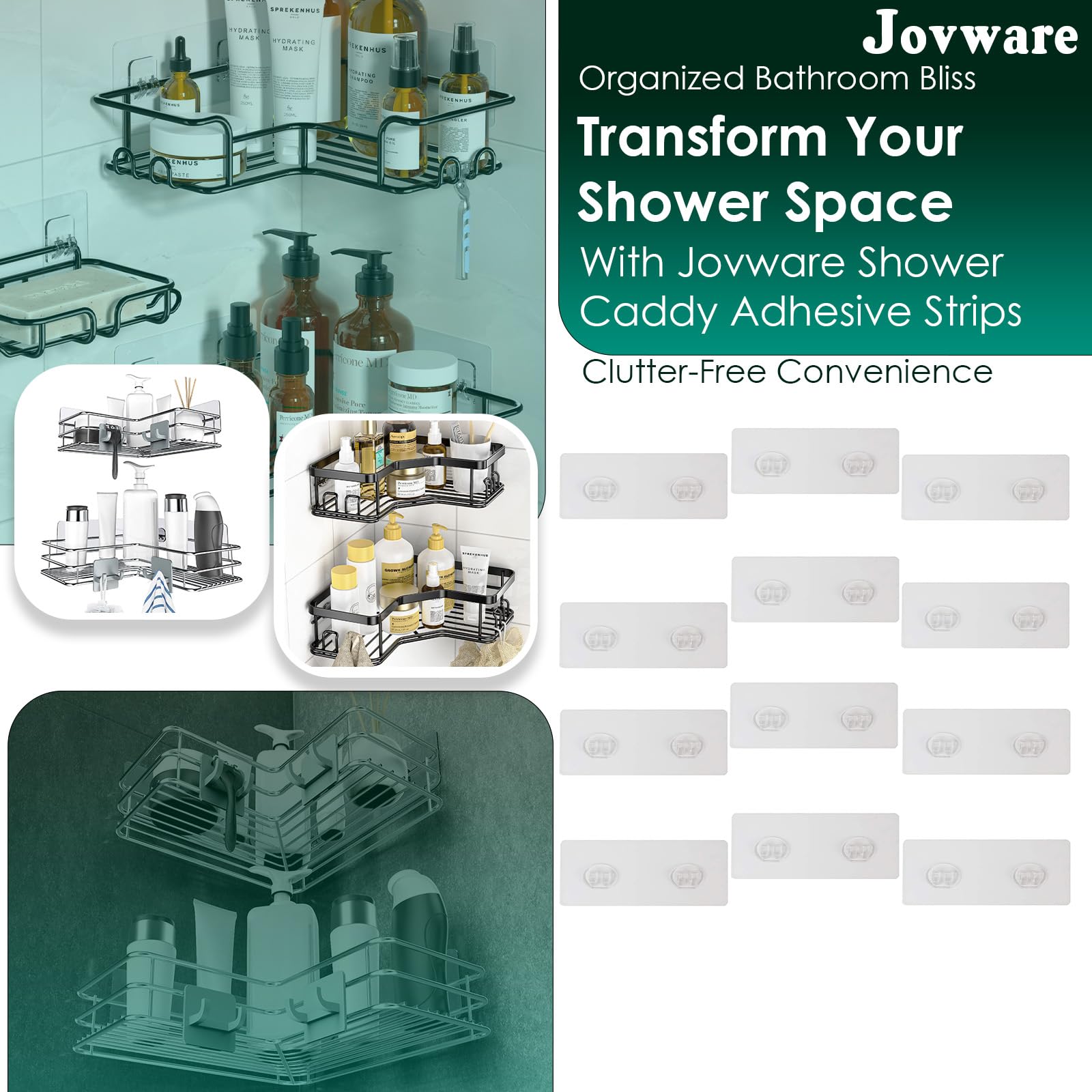 Jovware Shower Caddy Sticky Pads  Adhesive for Shower Shelves  Shower Caddy Adhesive Replacement Stickers Shelf Basket Strips Hooks Strong Hook for Bathroom Transparent Wall Mount 12 Pack 6 1/2''