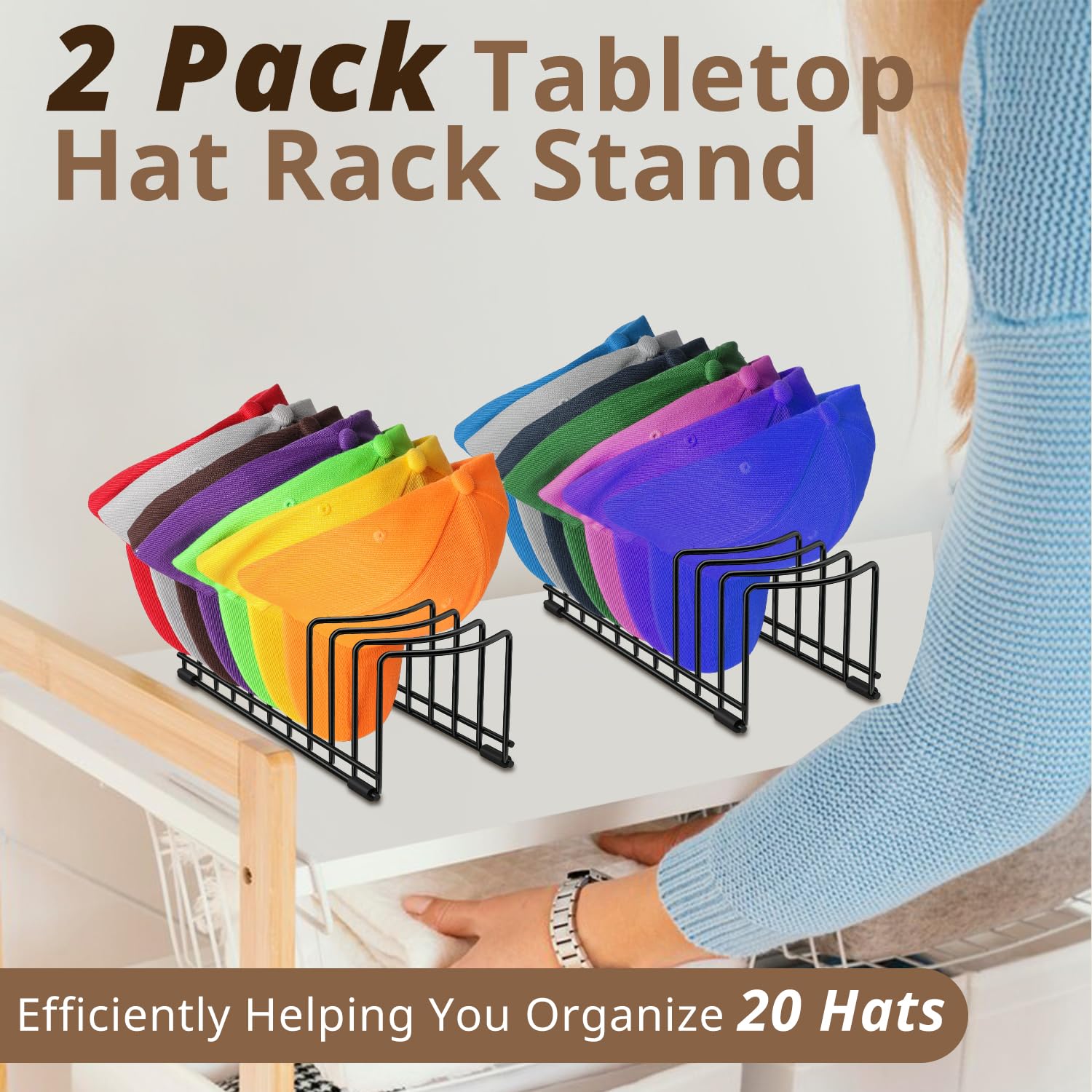 2 Pack Hat Stand for Baseball Caps, Ginyoyo No Install Hat Organizer for 20 Baseball Caps, Tabletop Hat Rack Stand with Anti-sli