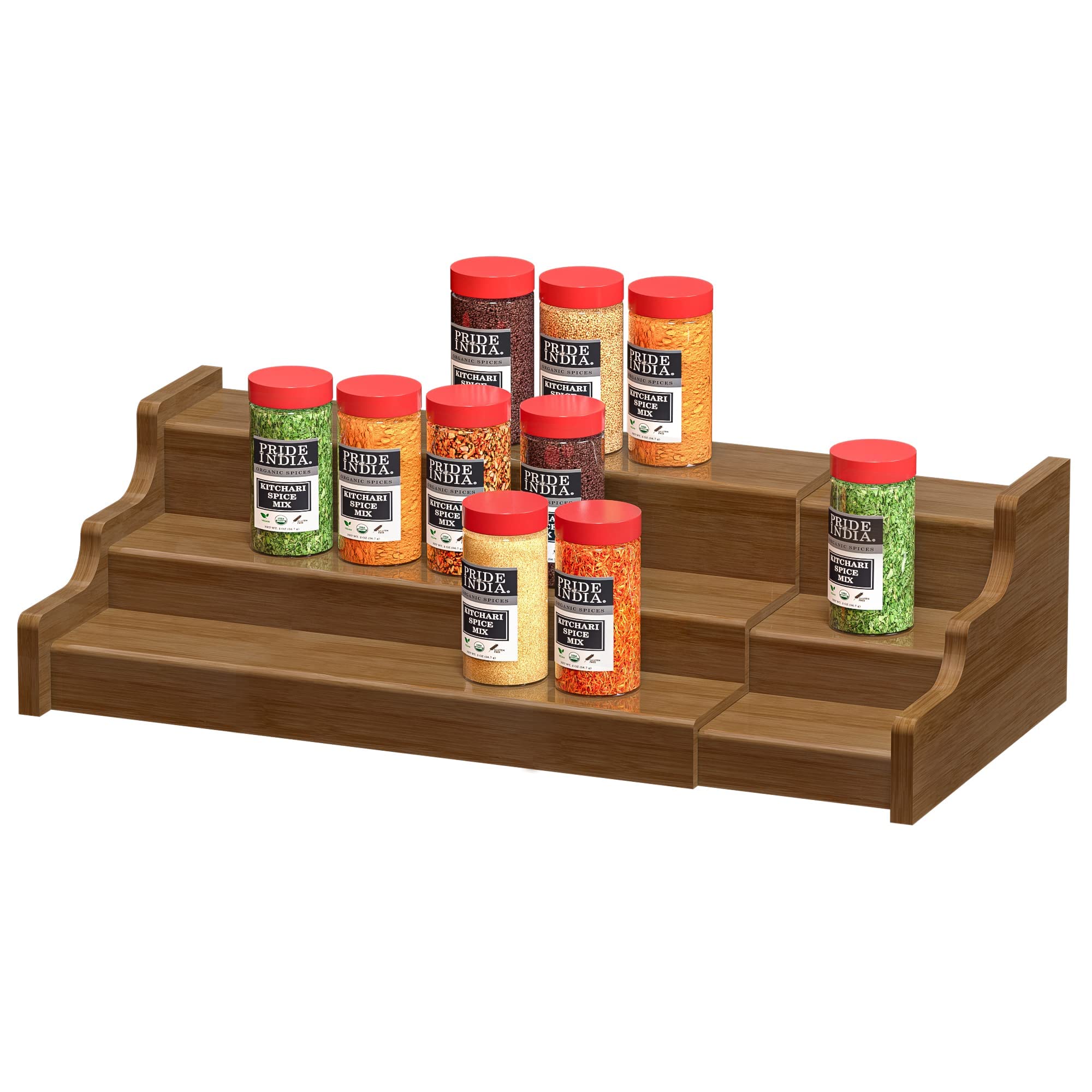 Bamboo Spice Rack Cabinet Organizer - 3 Tier Wooden Expandable Walnut Display Shelf
