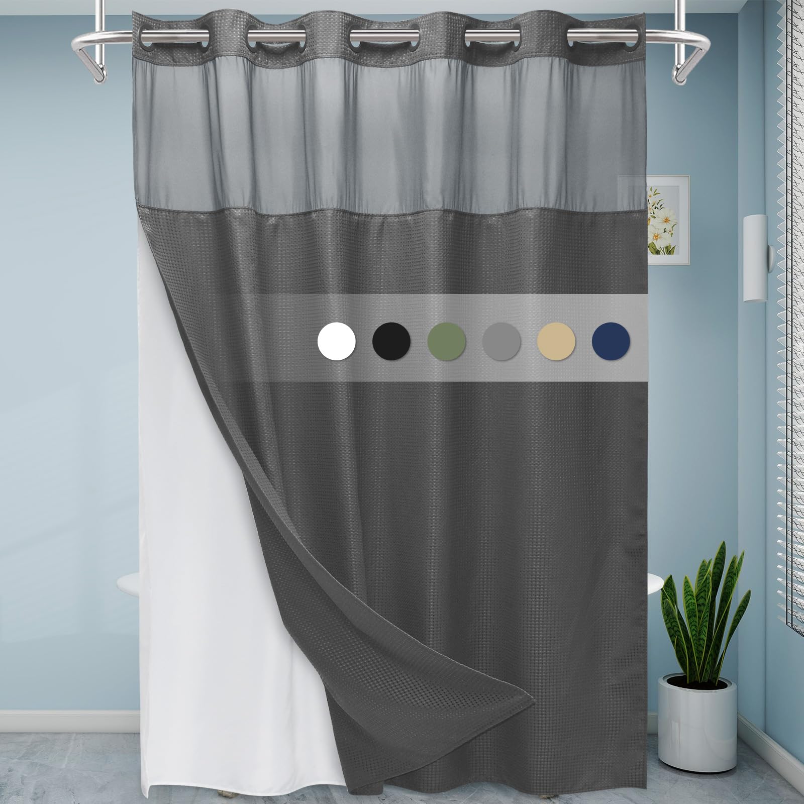 Eutxl Charcoal Grey Long No Hook Shower Curtain With Snap In Liner,230Gsm Waffle Weave Shower Curtains For Bathroom,71W X 86H