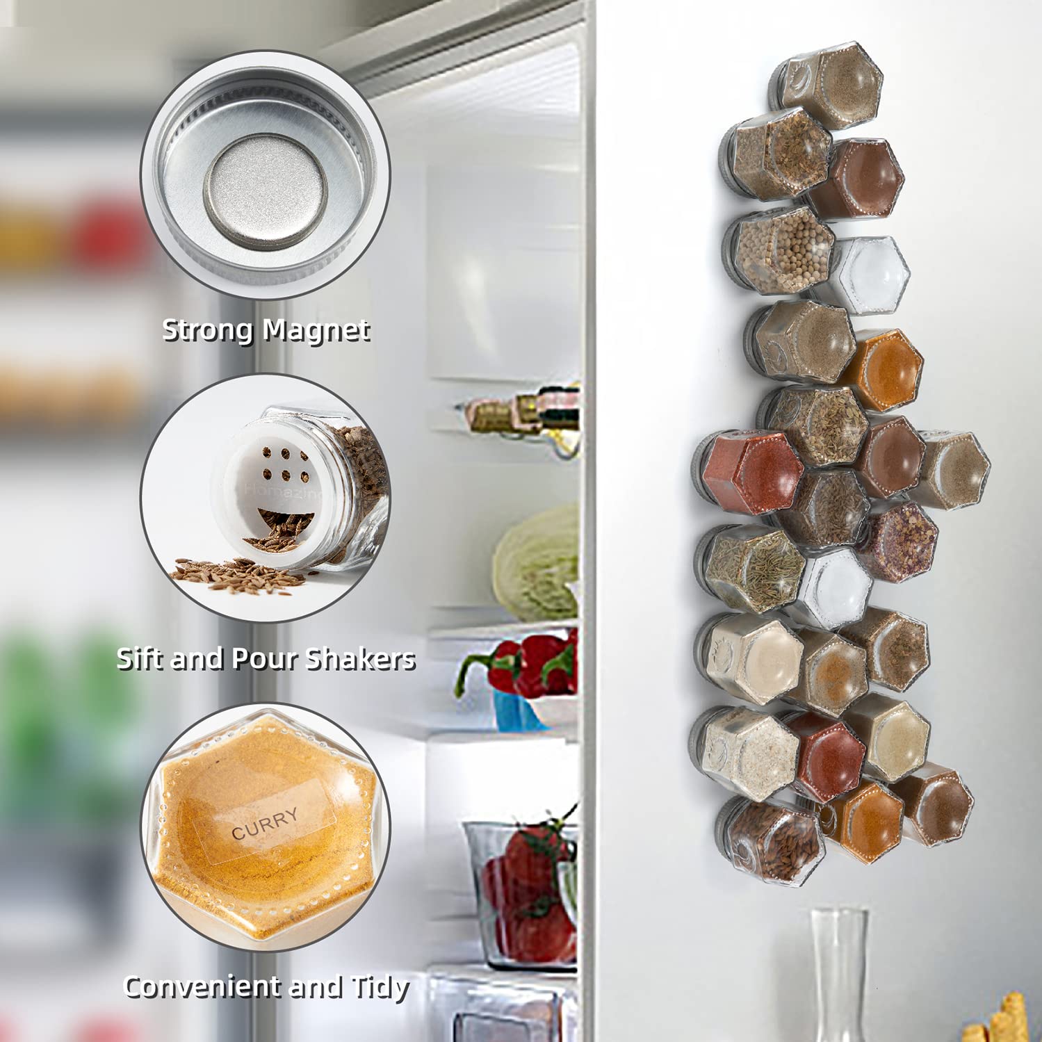 Homazing Set of 24 Magnetic Spice Jars for Refrigerator, Hexagon Glass Magnetic Spice Jars with Shaker Lids and Labels for Kitch