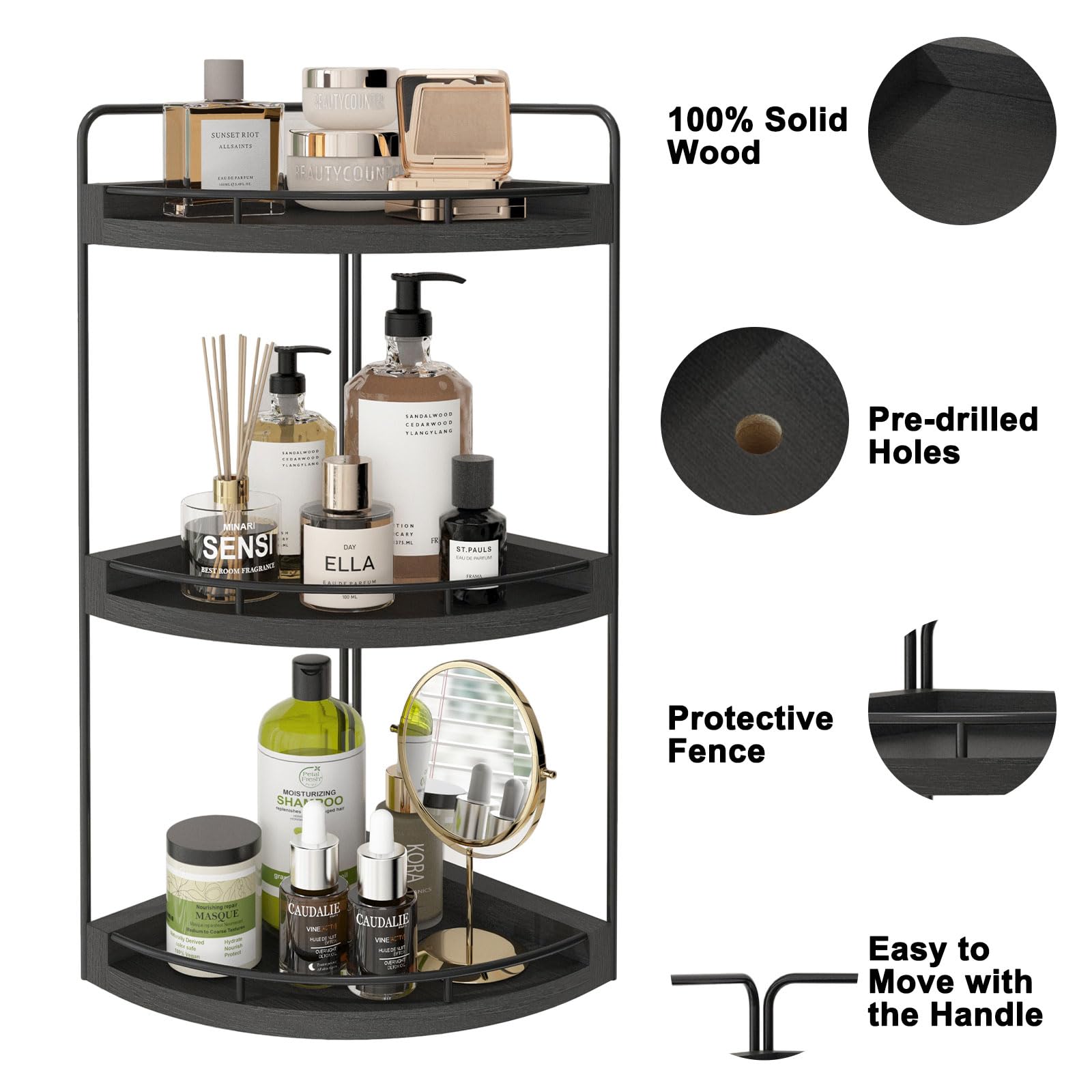 Fixwal Corner Bathroom Counter Organizer, 3 Tier Rustic Bathroom Organizer, Wood Countertop Storage Tray For Vanity, Kitchen, Be