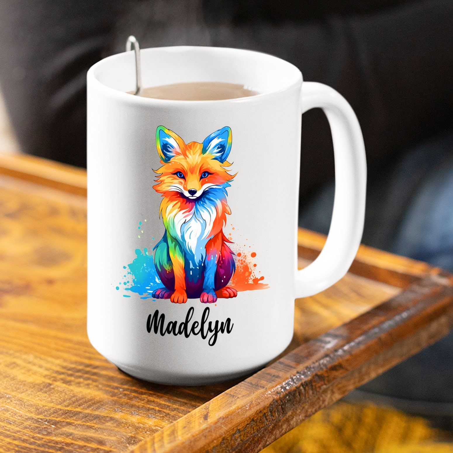 Personalized Fox White Coffee Mug With Choose Name, Fox Animal Lover Ceramic Tea Cup 11 15 Oz, Custom Fox Color Coffee Cup Gift
