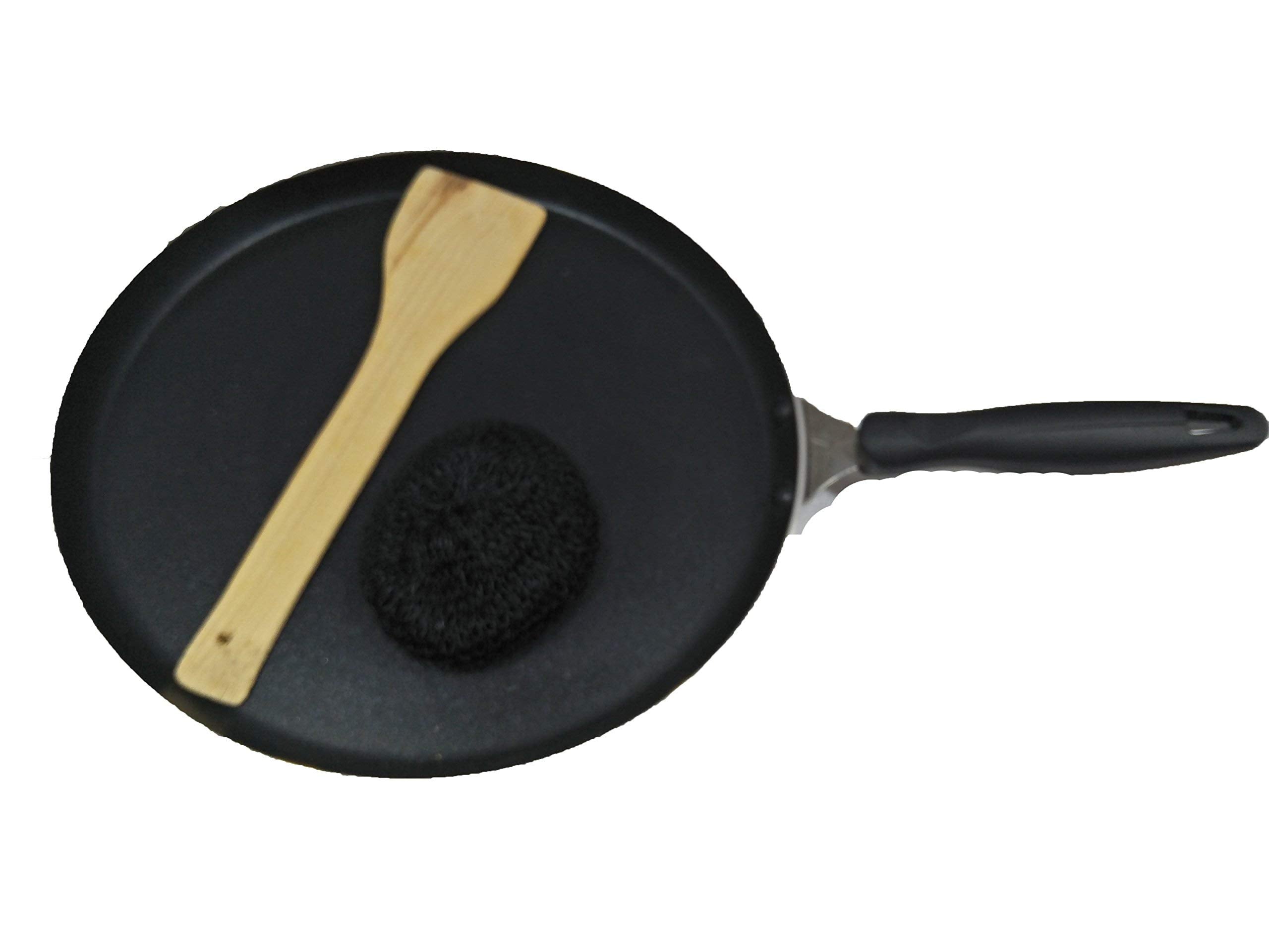 Dosa Pan,Nonstick Dosa Tawa / Griddle, Roti-Chapati Tawa,2.6 Mm Thickness, Black With 1-Piece Scrubber & 1-Piece Wooden Spatula