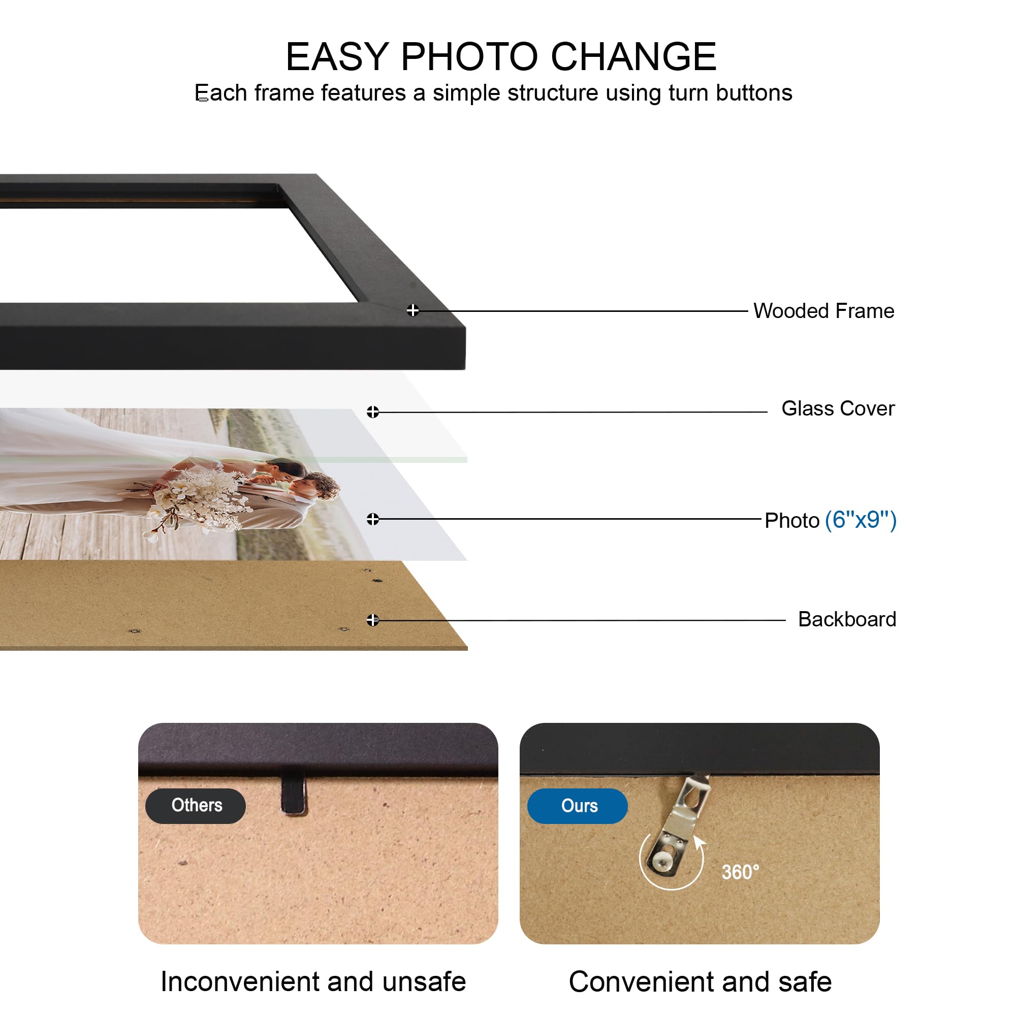 Hongkee 6x9 Picture Frame Set of 4, Made of Real Glass and Black Wooden Frame - 6 by 9 Photo for Wall or Tabletop Display
