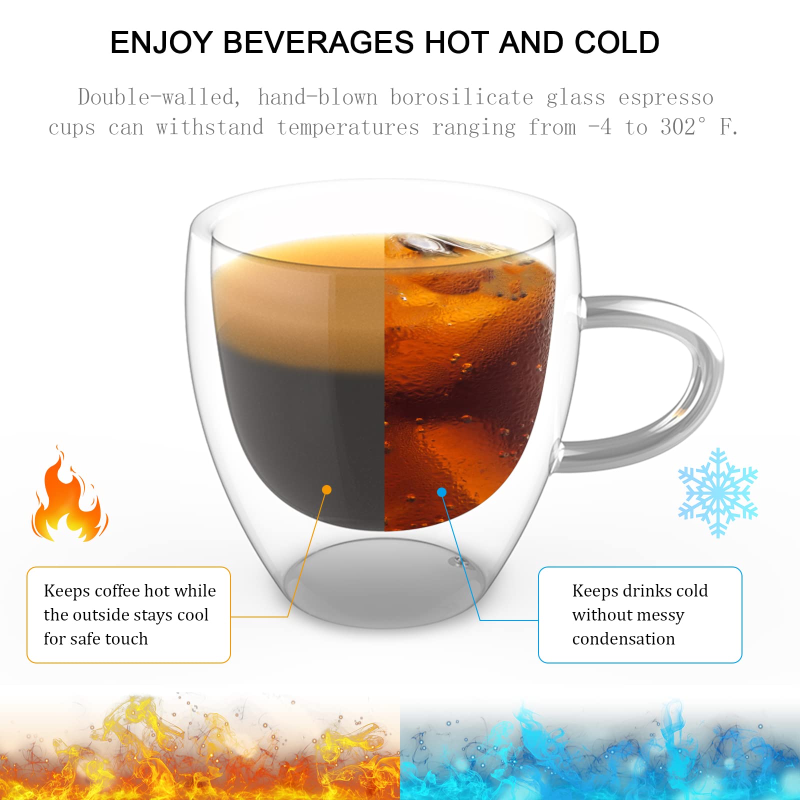 Onedone Espresso Cups 2.8 Oz - Double Walled Glass Espresso Cups Set Of 4, Thermo Insulated Shot Glasses With Handle
