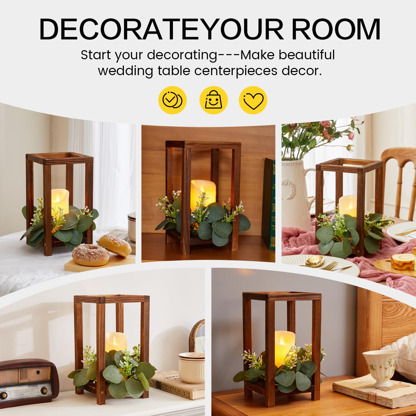 Neoflavie 6 Set/18 Pcs Wooden Wedding Lantern Centerpiece Include 6 Wooden Lantern Candle Holder 6 Flameless LED Candle 6 Eucaly