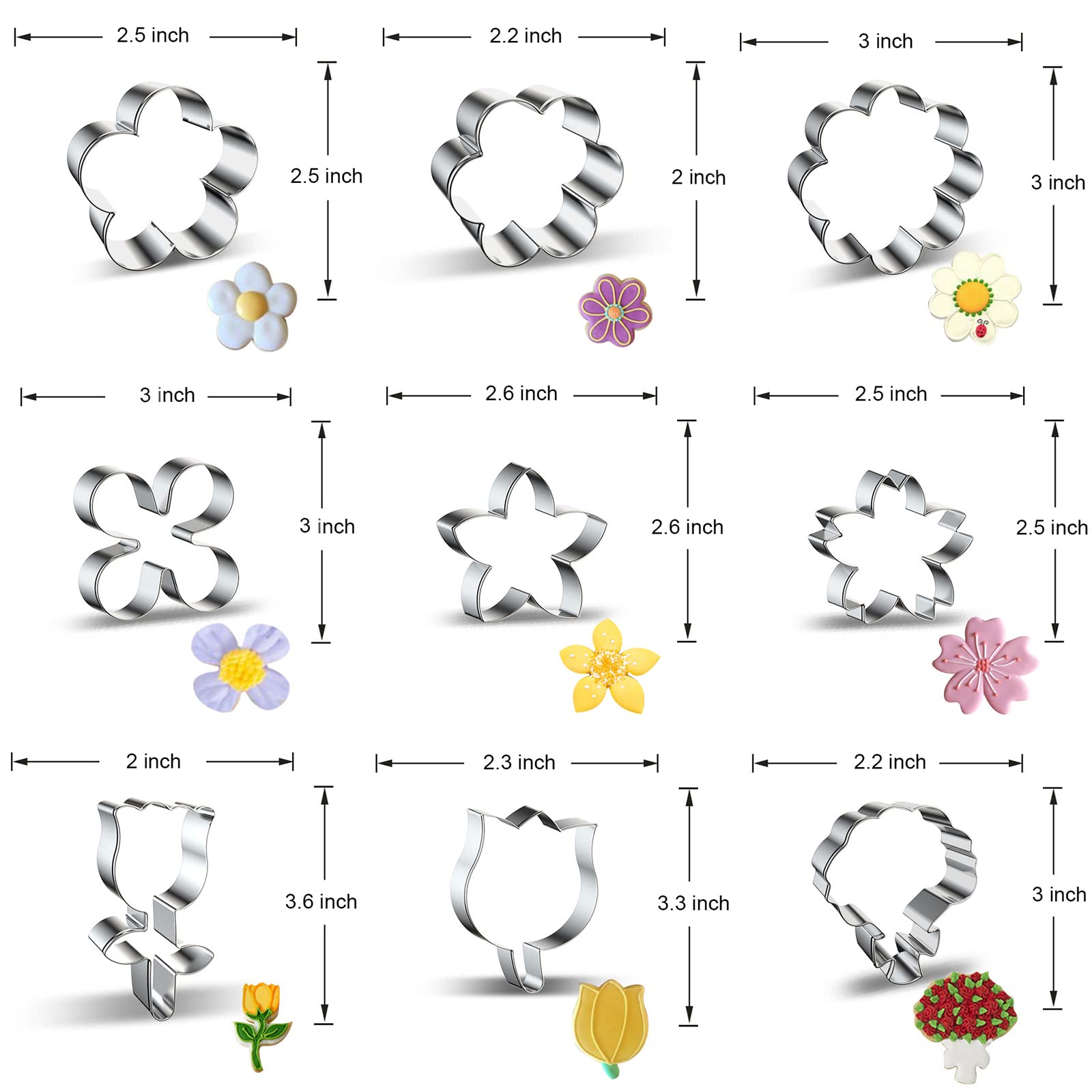 Flower Cookie Cutter Set 9-Piece Rose, Tulip, Lilac, Cherry Blossom, Plum Blossom, Frangipani, Daisy, Sunflower, Bouquet, Scallo