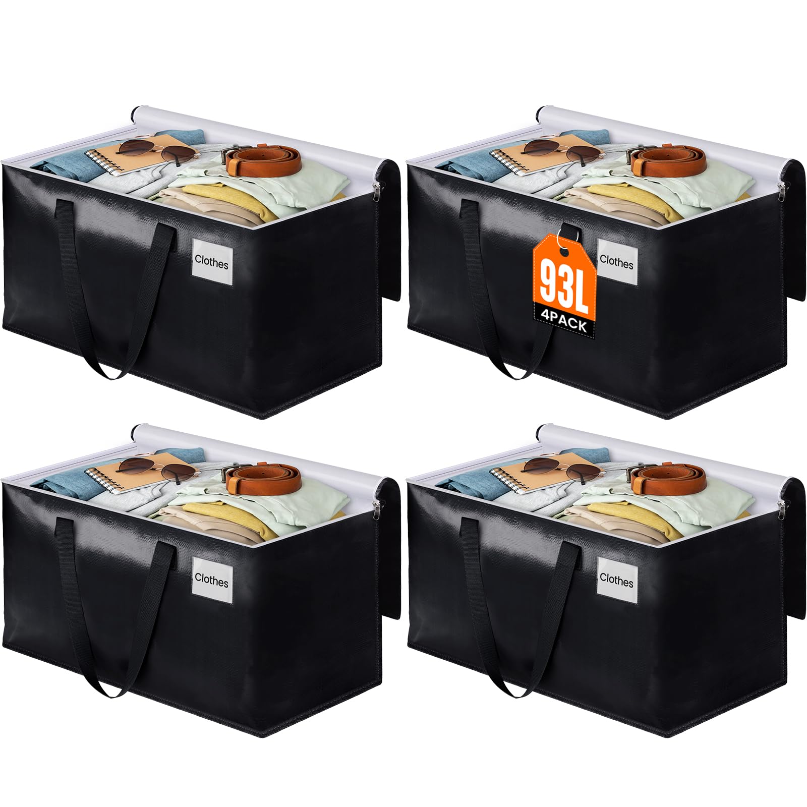 BlissTotes Moving Bags  Heavy Duty Moving Boxes with Zippers Top and Sturdy Handles  Storage Bags for Space Saving and Packing  Collapsible Moving Supplies  Storage Totes (93L  4-Pack  Black)