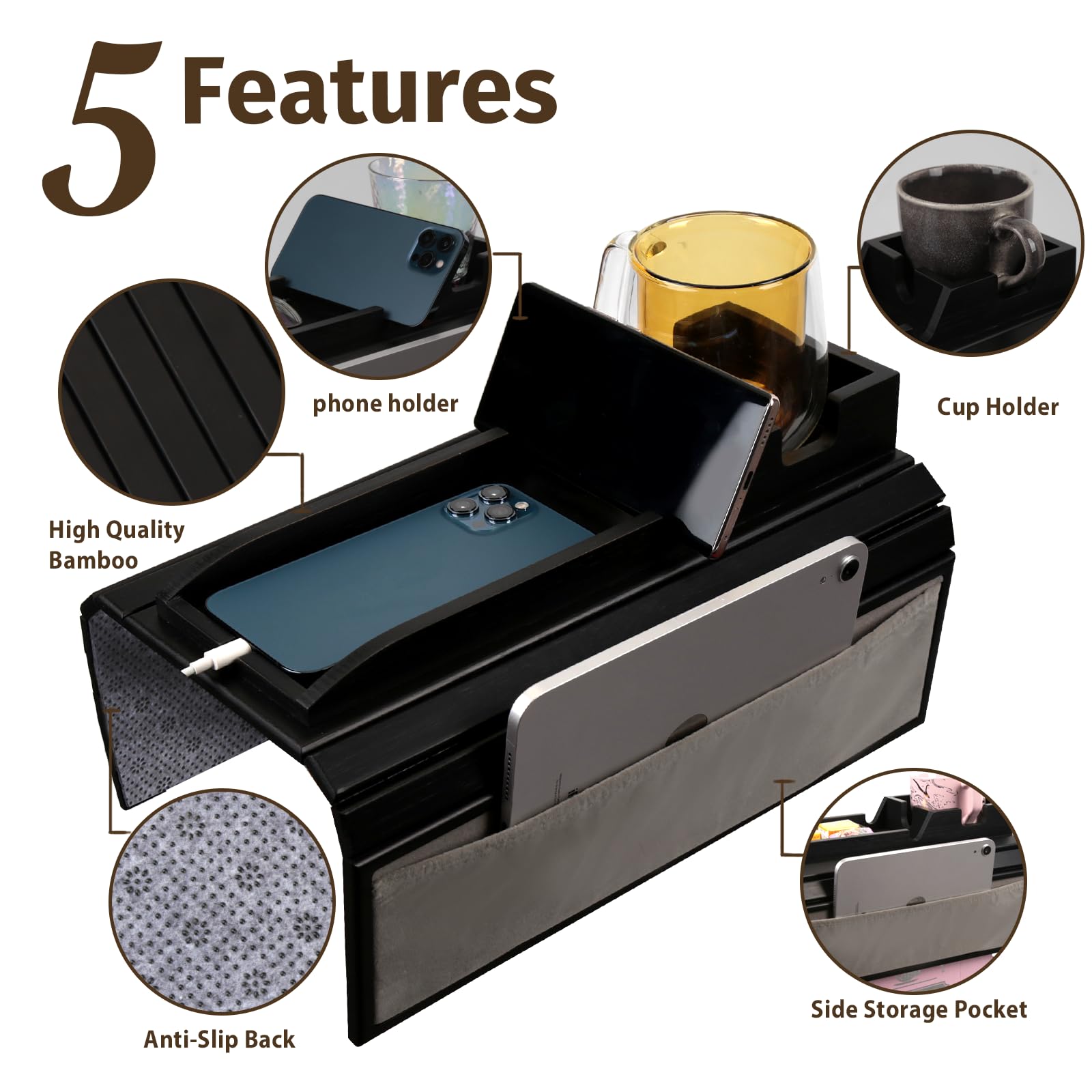Giifer Couch Cup Holder Tray,Couch Arm Table With Side Storage Pocket,Couch Arm Tray With Anti-Slip Design, Natural Bamboo Sofa