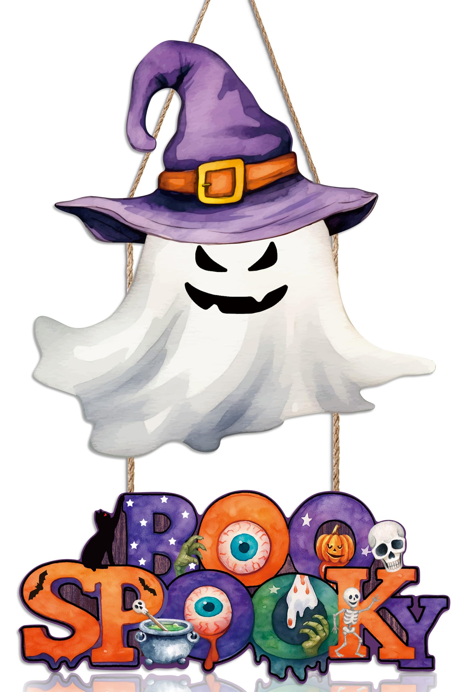 Ausril Happy Halloween Sign,Ghost Door Sign,Spooky Halloween Door Decoration, Boo Ghost Wreath,Black Cat Skull Wall Decor,Scary 