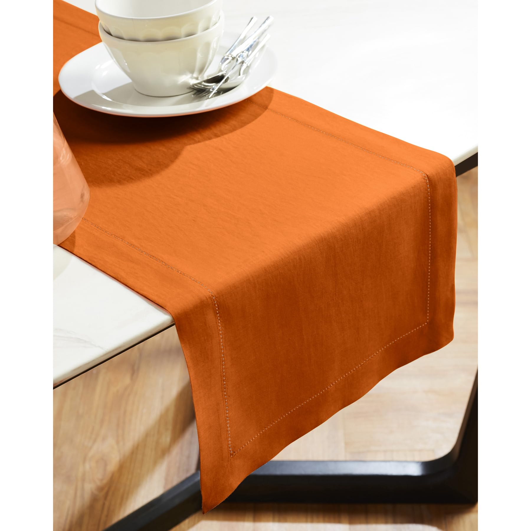 Solino Home Linen Pumpkin Table Runner 60 Inch - 100% Pure Linen Hemstitch Short Table Runner 14 X 60 Inch Ideal For Dresser And