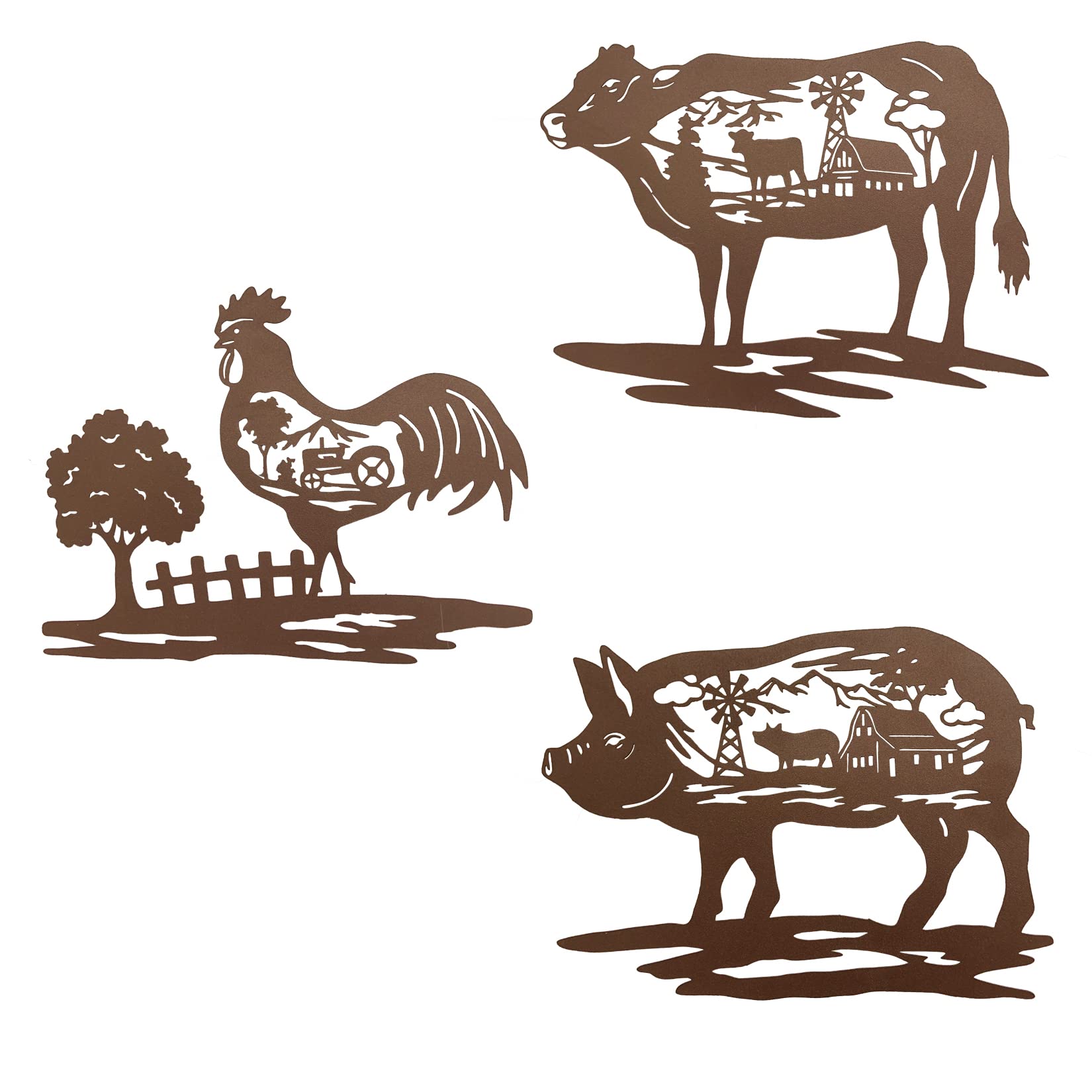 J-Fly Farmhouse Metal Wall Art Dcor Pig Cow Rooster, 9 Inch Set Of 3, House Decorations For Living Room Bedroom Bathroom, Rustic