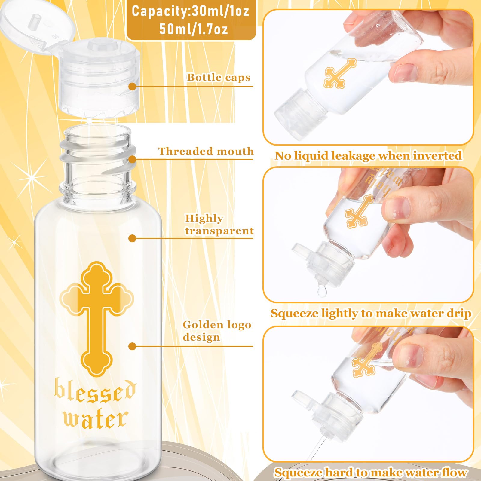 Chuangdi 20 Pcs Holy Water Bottles Baptism Party Favor Transparent Holy Water Empty Containers with Golden Catholic Cross First