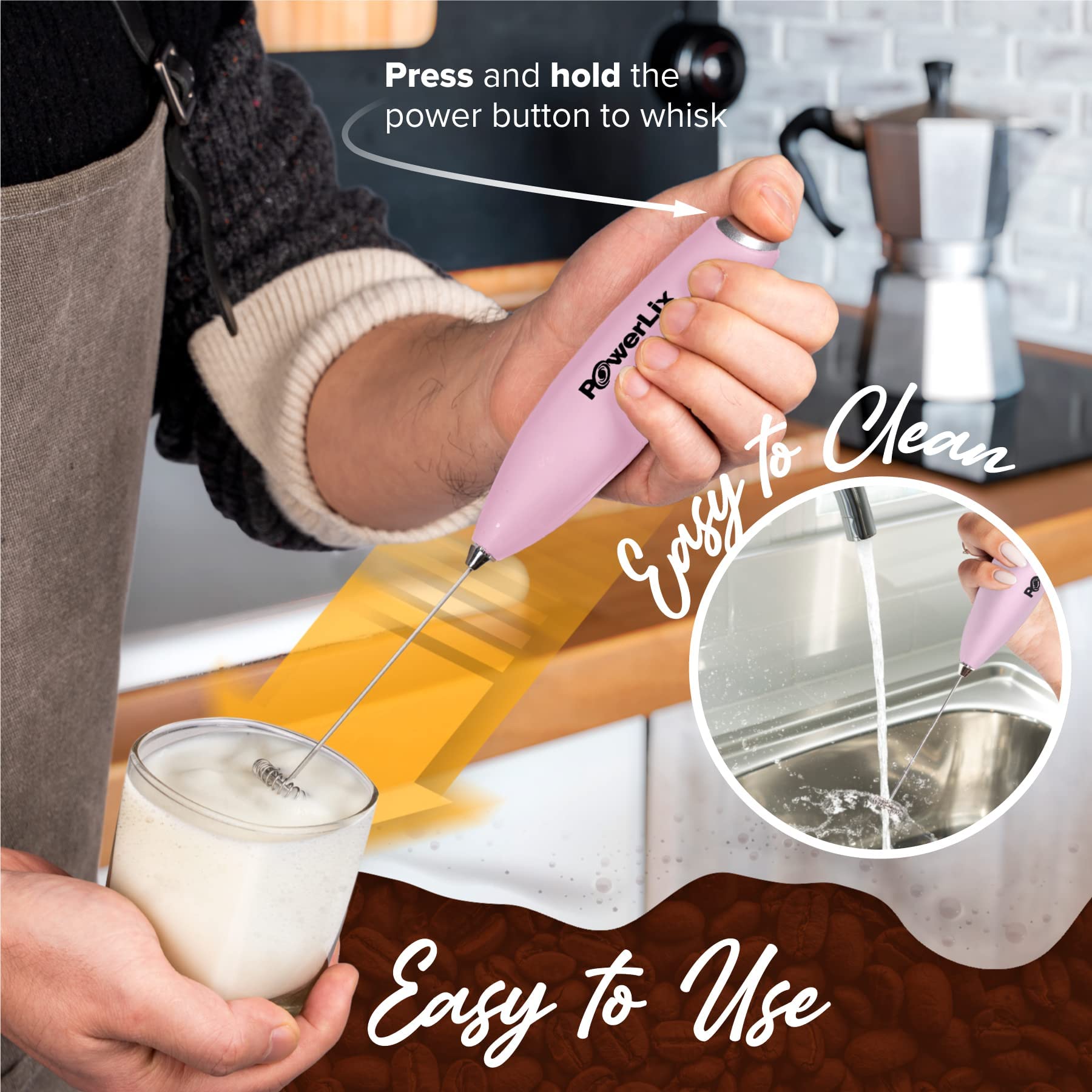 POWERLIX Milk Frother - Handheld Electric Foam Maker, Stainless Steel, 6x18, Pink, Model PLX-MFNS-01 for Coffee, Latte, Cappuccino, Hot Chocolate