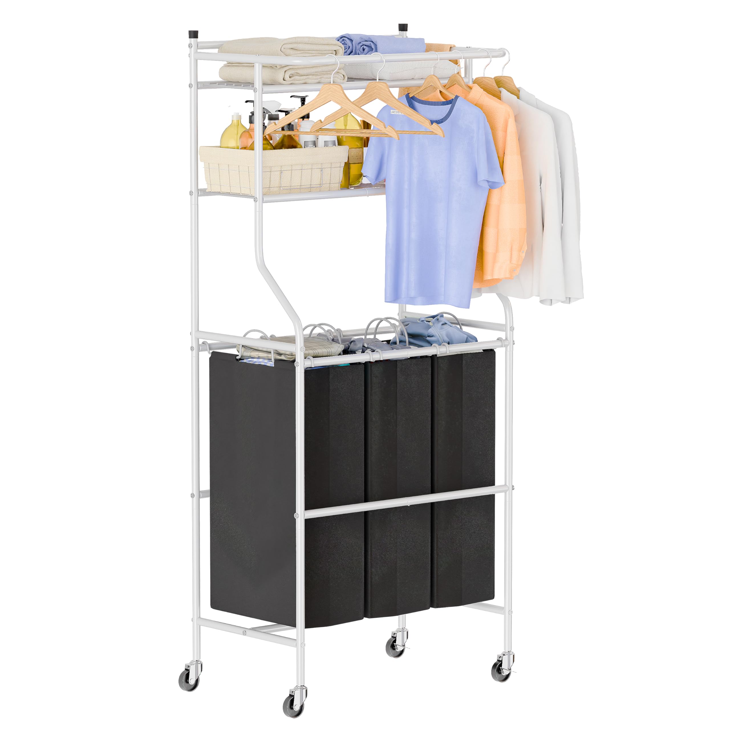 MWQ Laundry Sorter Cart with Hanging Rack and Lockable Wheels, Laundry Hamper 3 Section with 2 Tier Storage Shelves, White