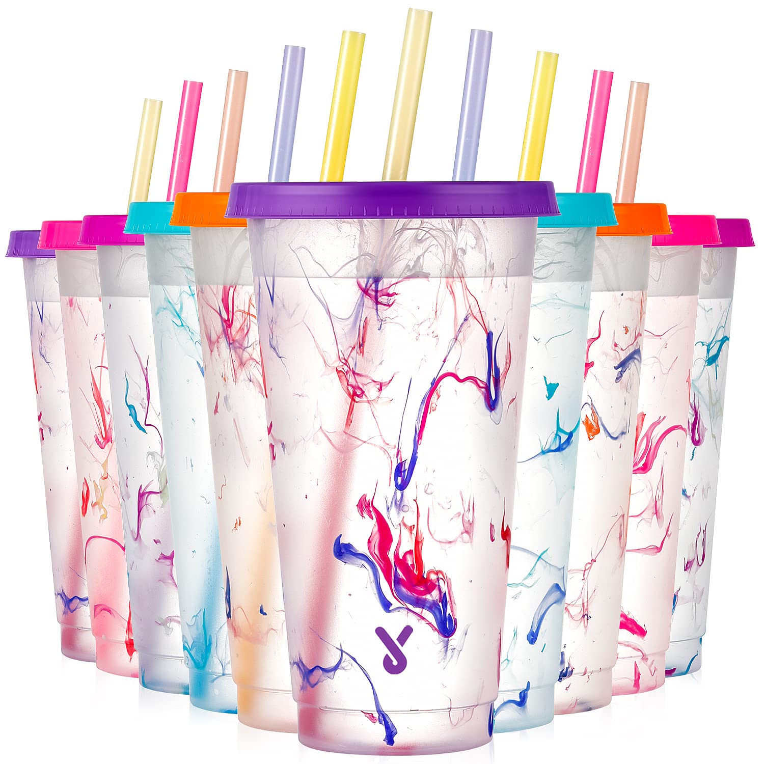 Meoky Color Changing Cold Cups with Lids and Straws - 10 Pack 24 oz Plastic Cute Tumblers Bulk, Reusable for Kids Women Party, I