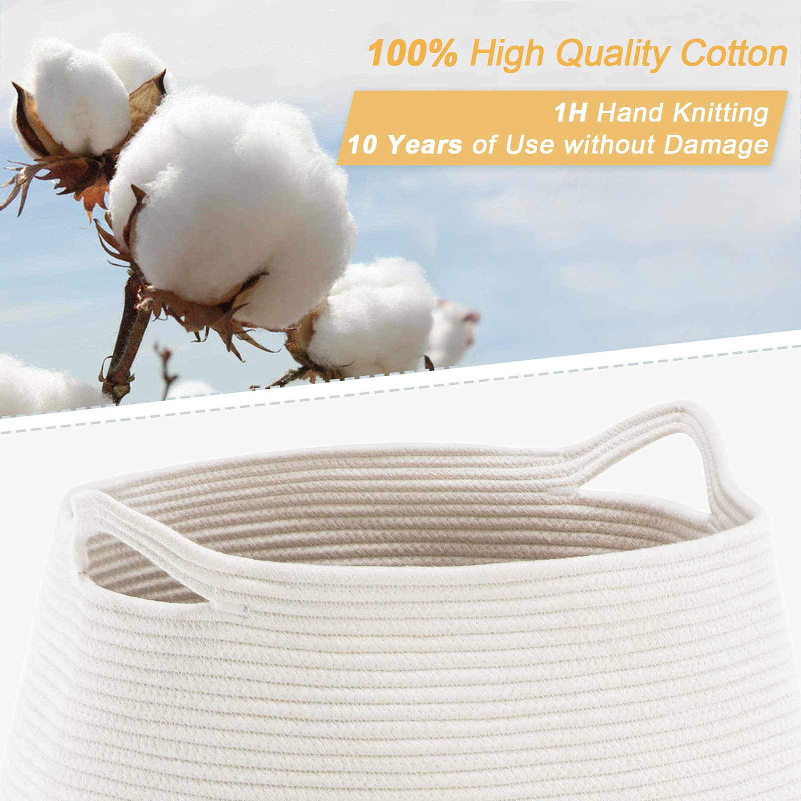 cotton Rope Laundry Hamper by YOUDENOVA  105L - Woven collapsible Basket clothes Storage for Blankets  Room Organizing  Bedroom Storage  - Brown & White