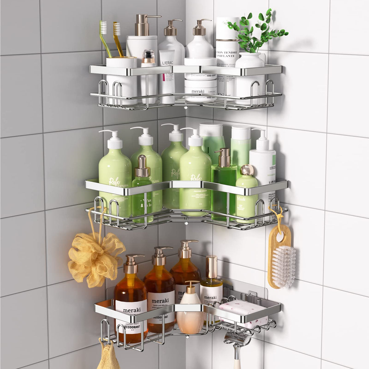 Topchase Corner Shower Caddy, Shower Organizer With Soap Dish, 14 Hooks, Adhesive Shower Shelf For Inside Shower, 3 Pack Shower