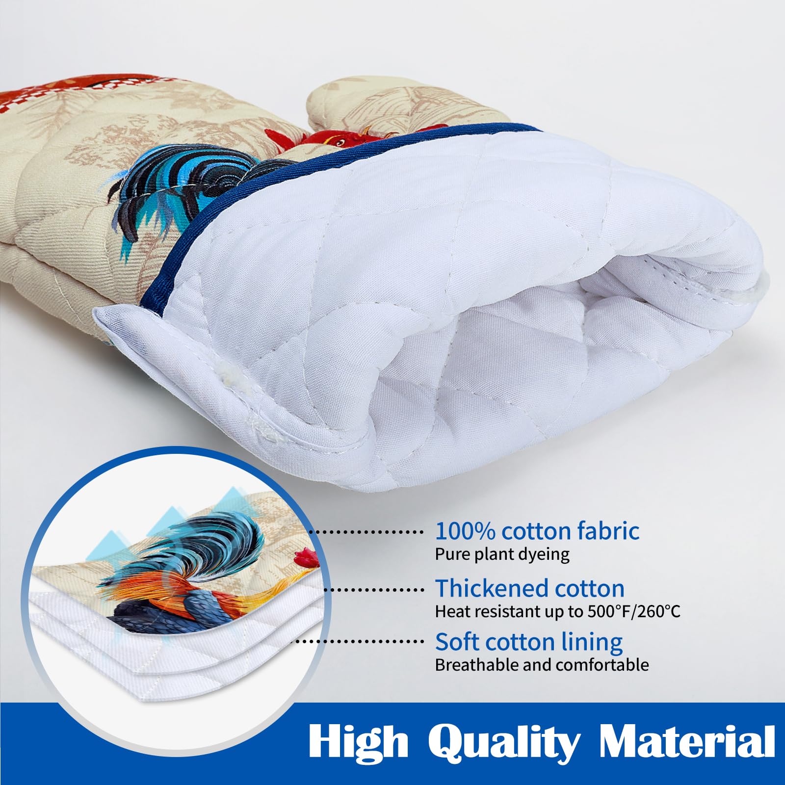 Arquiel Rooster Oven Mitts And Pot Holders Sets 100% Cotton Heat Resistant, Extra Long Oven Gloves Potholder For Kitchen Cooking