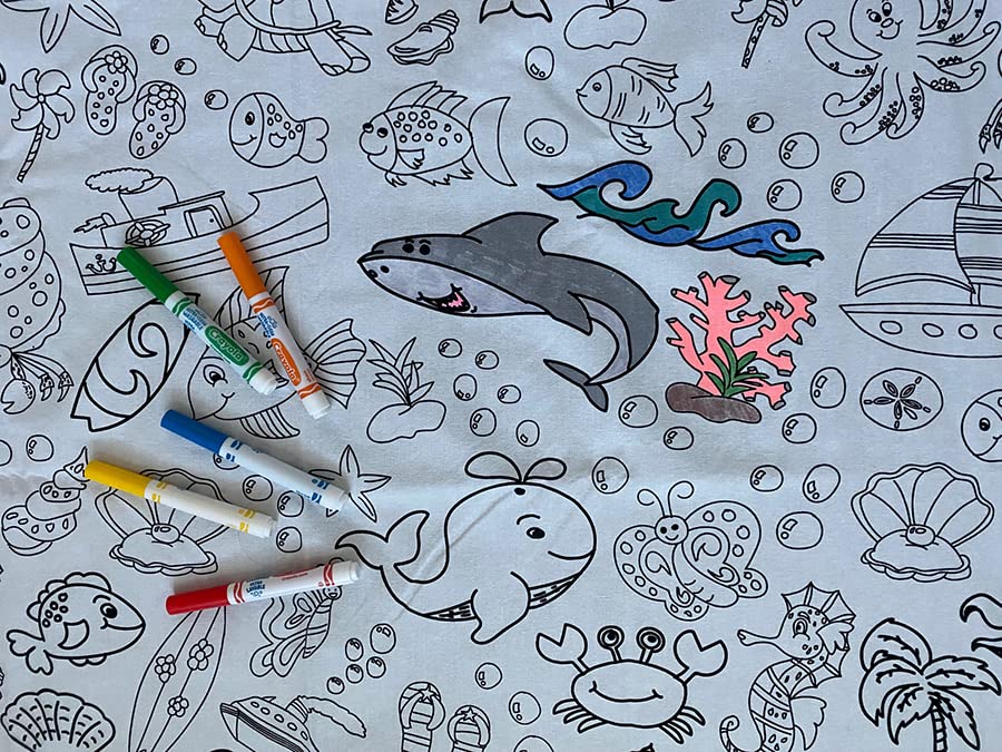 The Coloring Table - Oceantime Fun Design - Rectangle Tablecloth - Fabric Coloring Tablecloth - Colorable Designs - Washable And