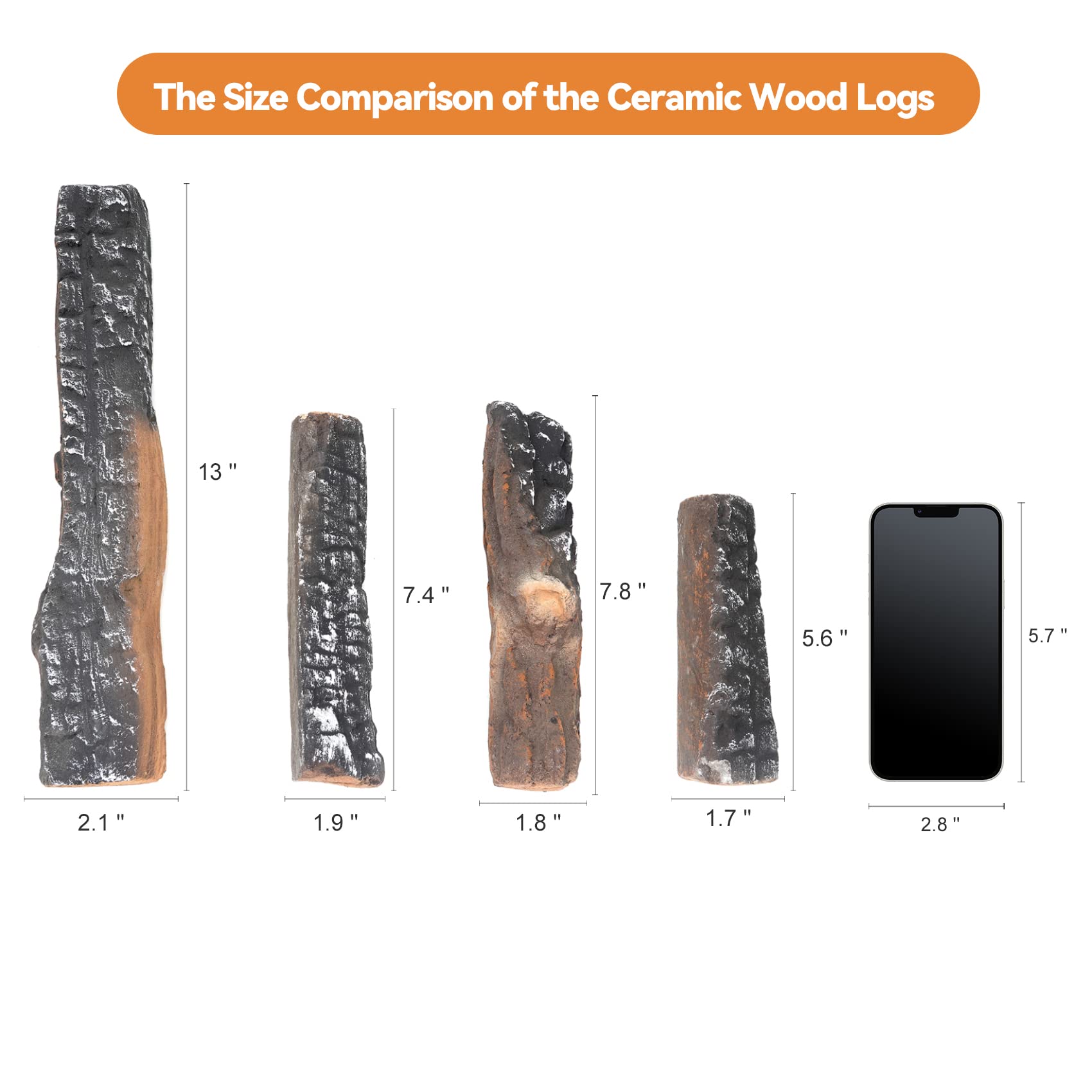 Skyflame Gas Fireplace Logs - 4 Small Pcs Ceramic Wood Logs And Accessories For All Types Of Indoor Gas Inserts, Ventless, Propa