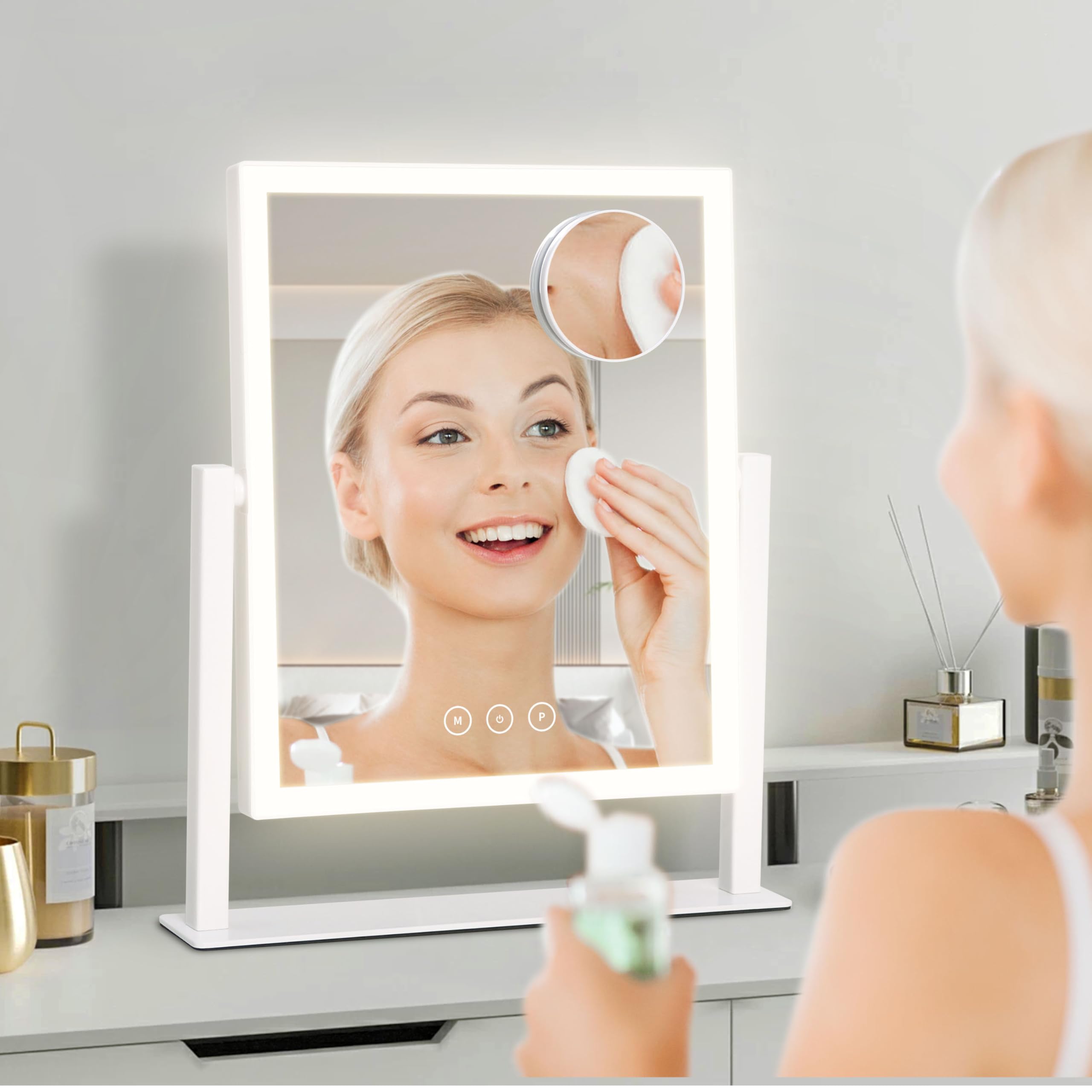 Acoolda Vanity Mirror with Lights  Makeup Mirror with Lights Three Color Lighting Modes  Dimmable Touch Screen  Detachable 10X Magnifying Mirror  360Free Rotation White