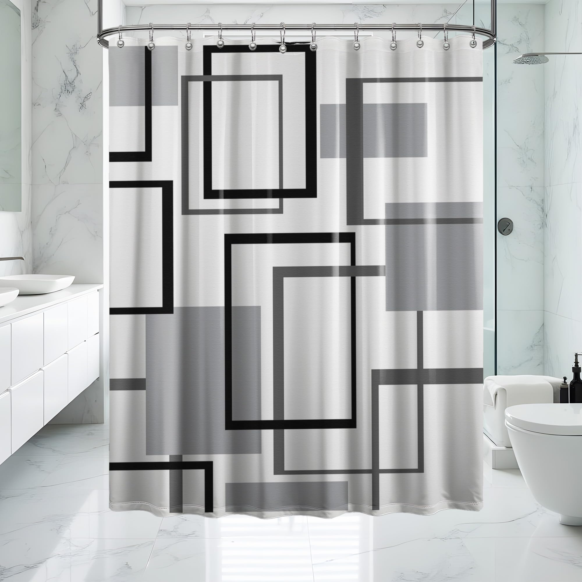 Yieldeer Black And Grey Shower Curtain Geometric Grey And White Shower Curtains For Mens Bathroom Decor Bath Curtain Set, Waterp