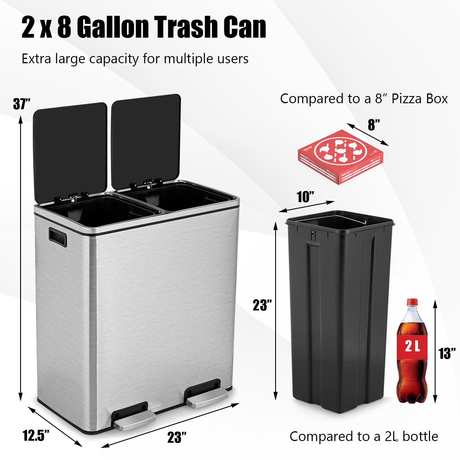 Goplus Dual Trash Can, 60 Liter (2X30L)/ 16 Gallon Stainless Steel Step Trash Can, Rectangular Garbage Bin With Inner Buckets An