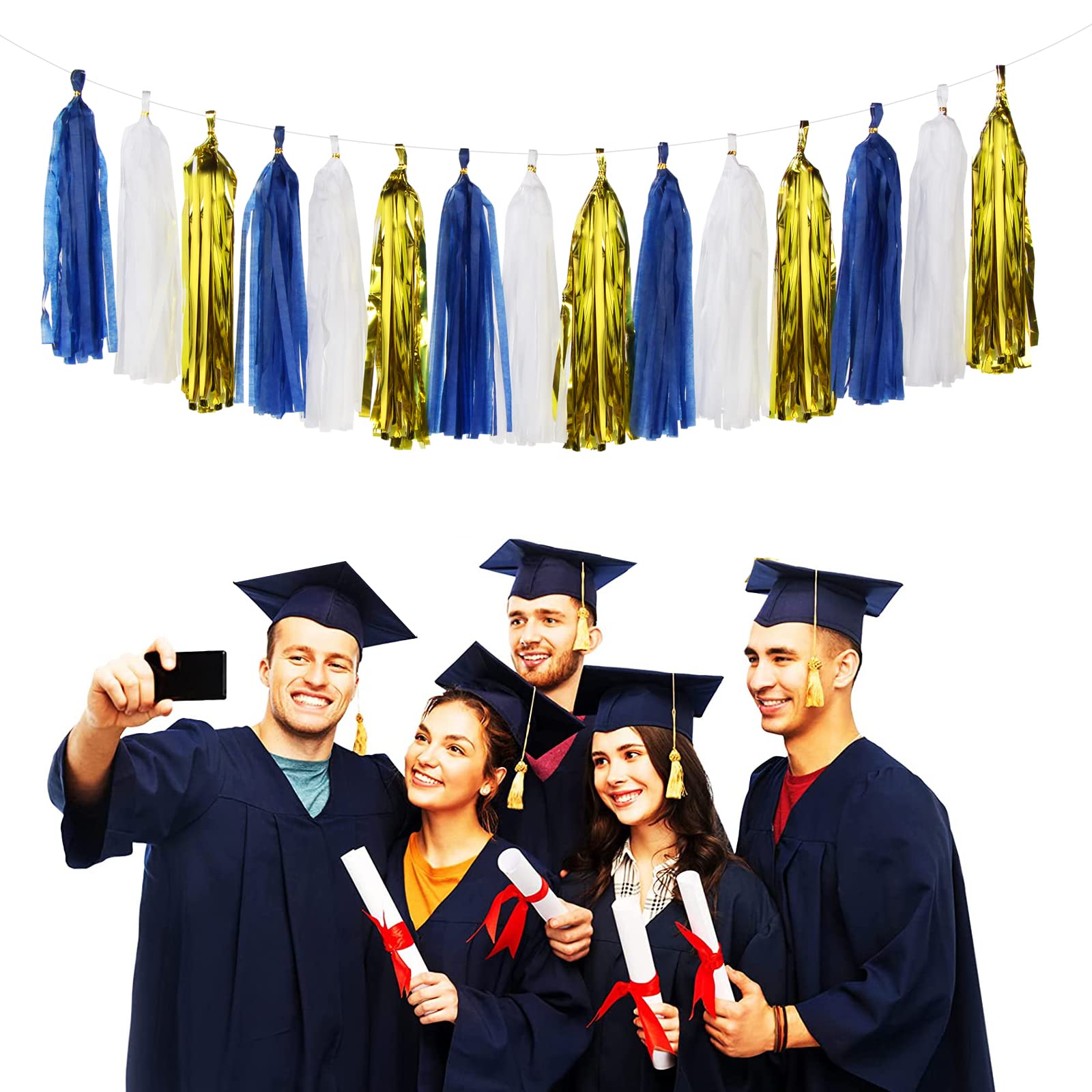Navy-Blue White-Gold Tassel Garland Streamers- 15pcs Tissue Paper Tassels Banner Party Decorations Men Boy Birthday Graduation B