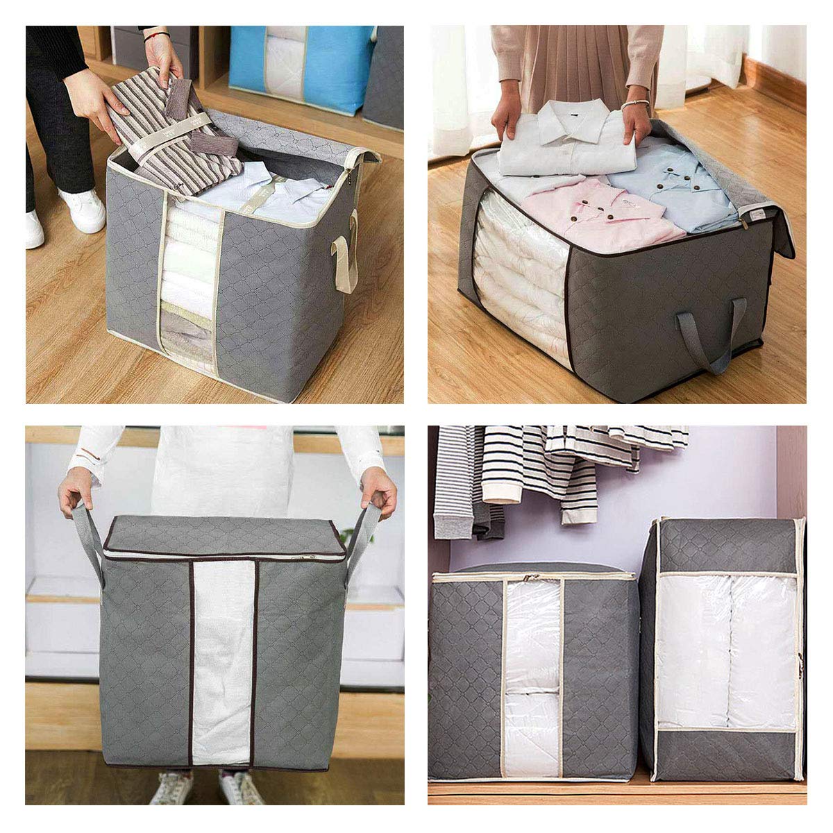 Szxc 2 Pack Foldable Large Storage Bags - Horizontal + Erect for Comforter Blanket Quilt Clothes Pillow, Clear Window & Handles,