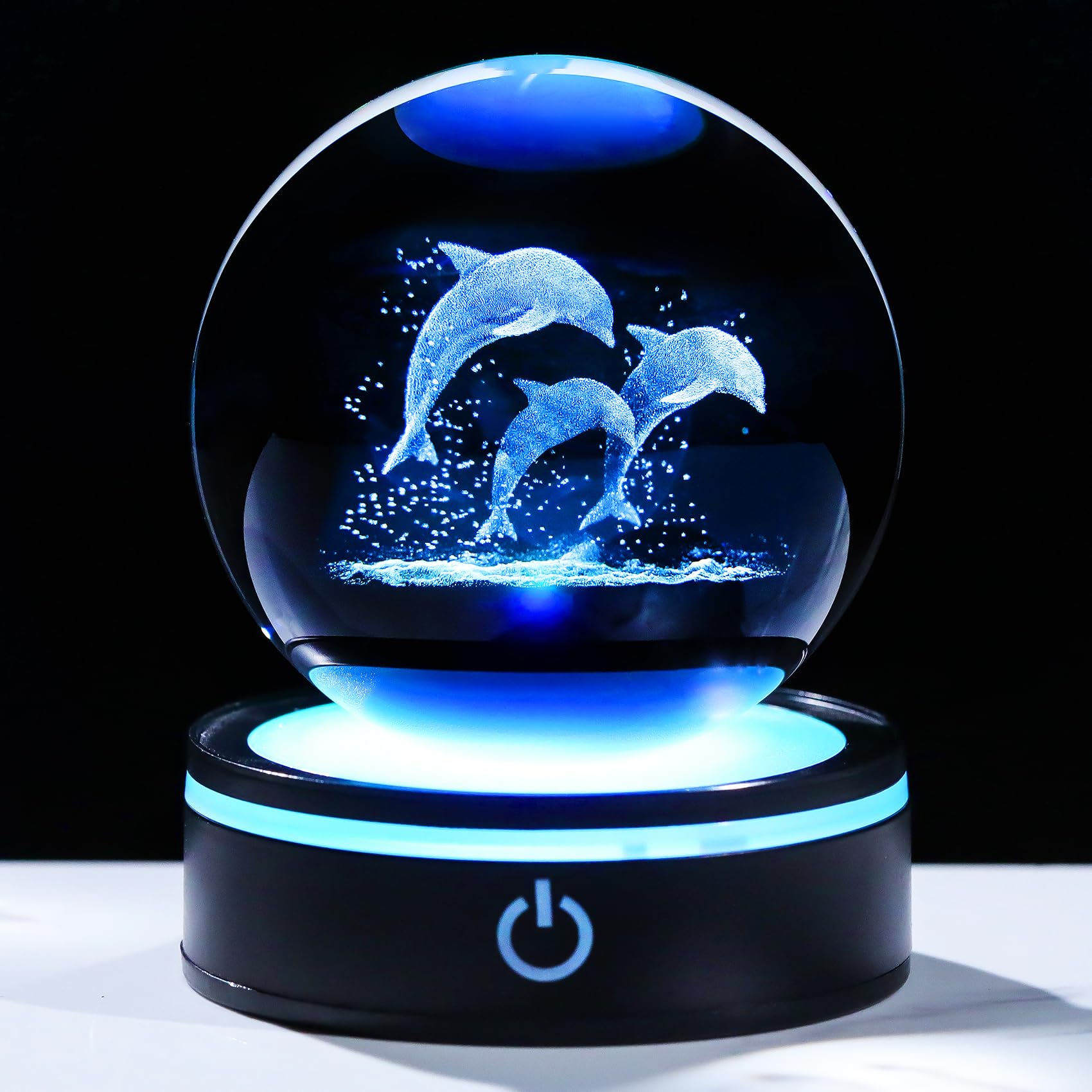 YWHL 3D Dolphin Figurine Crystal Ball with Colorful Light Base, Laser Dolphin Gifts for Women Men on Christmas Birthday, Glass D