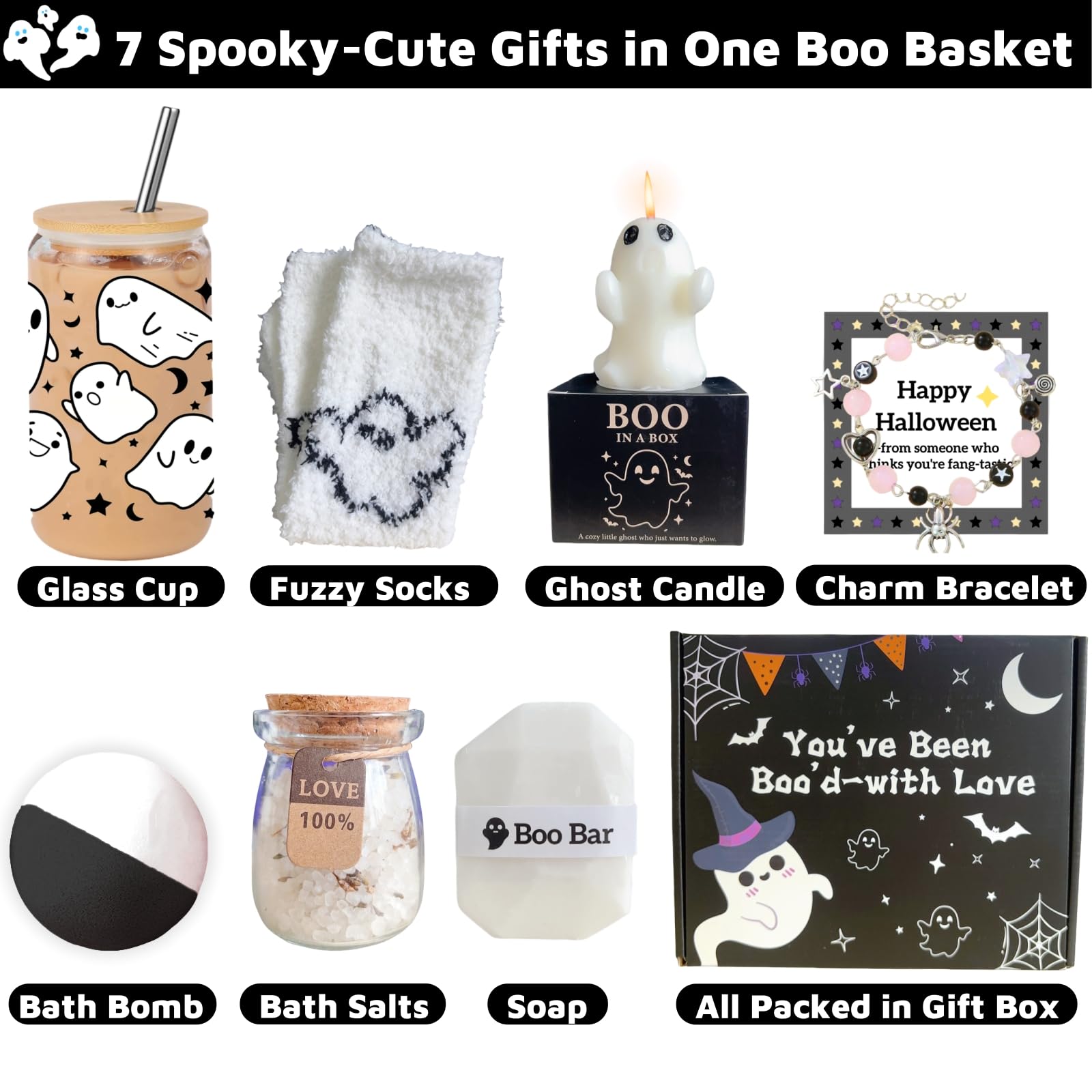 UURM Boo Basket Gift for Women, 7 Spooky Gift Set Including Glass Cup, Halloween Ghost Gifts for Friends Teen Girls