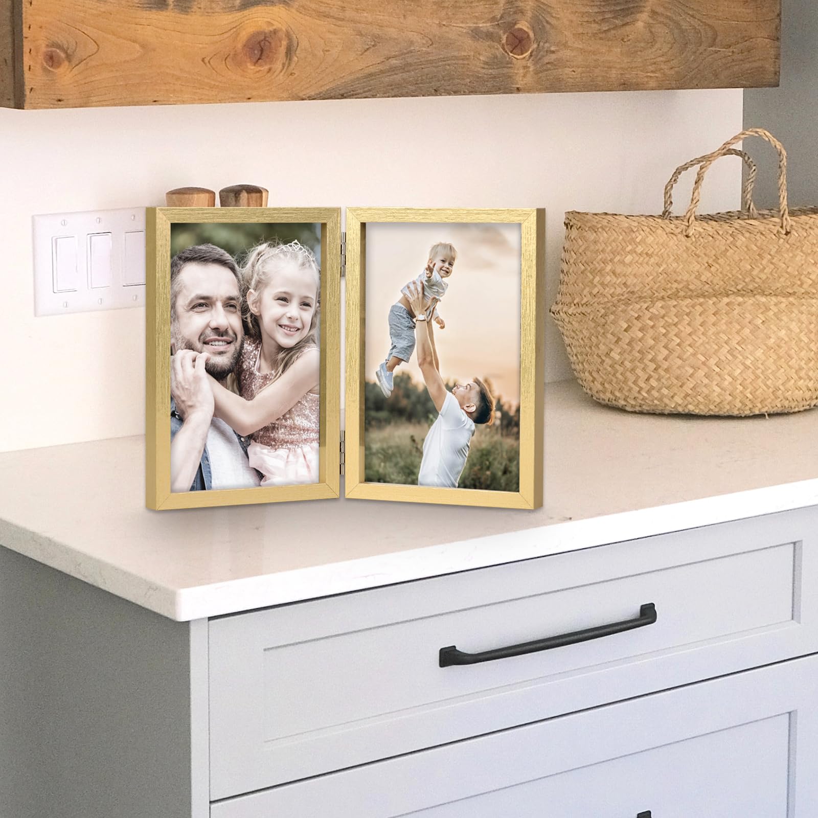 WUTL 5x7 Picture Frames Double Hinged MDF Golden with Glass Front Stand Vertical on Tabletop