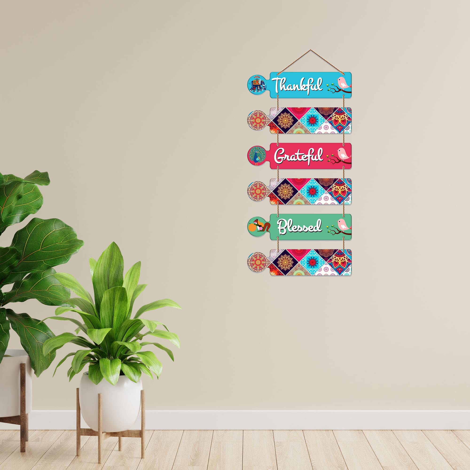 Artvibes Thankful Quotes Decorative Wall Art Mdf Wooden Wall Hanger For Living Room|Quotes Decor Items|Wood (Wh_6003N),Set Of 6