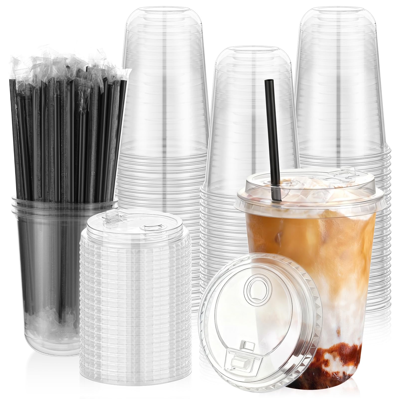tchrules 100 Set 16oz Clear Plastic Cups with Dualhole Sip Lids & Straws
