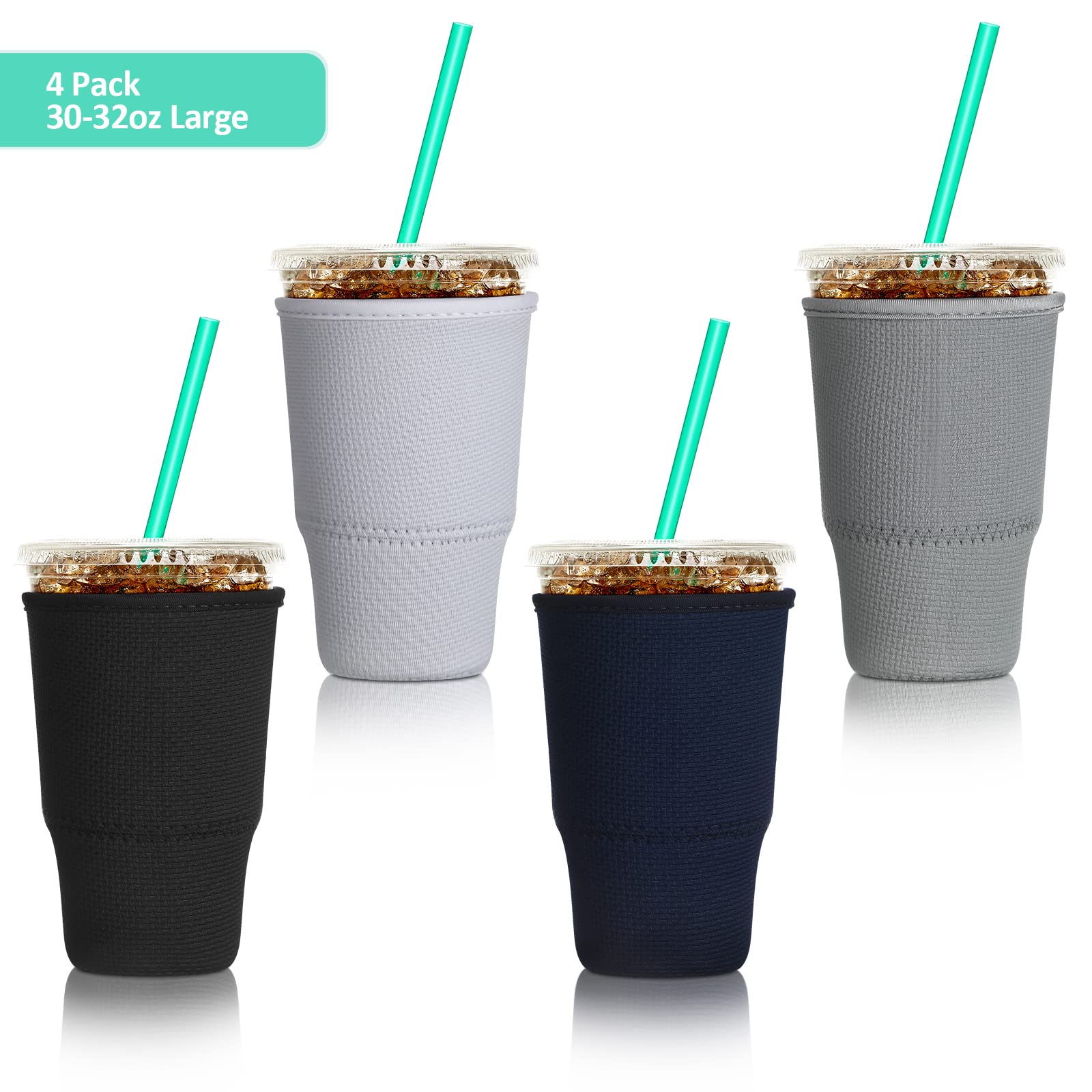 Patelai 4 Pieces Reusable Iced Coffee Sleeve Cup Insulator For Cold Drinks Beverages And Holder For Most Coffee (30-32 Oz Large,