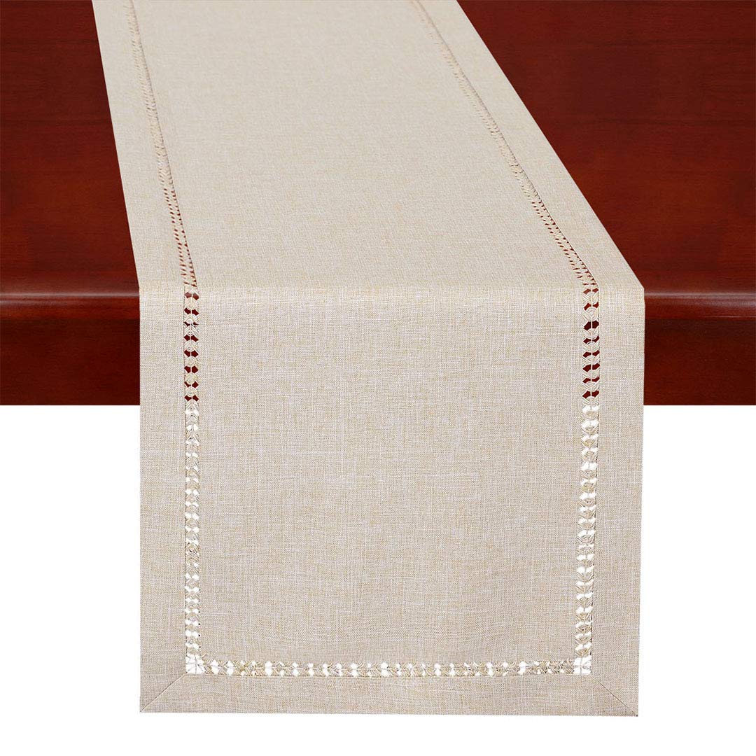 Grelucgo Handmade Hemstitched Polyester Rectangle Table Runners Dresser Scarves  Beige 14x60 inch