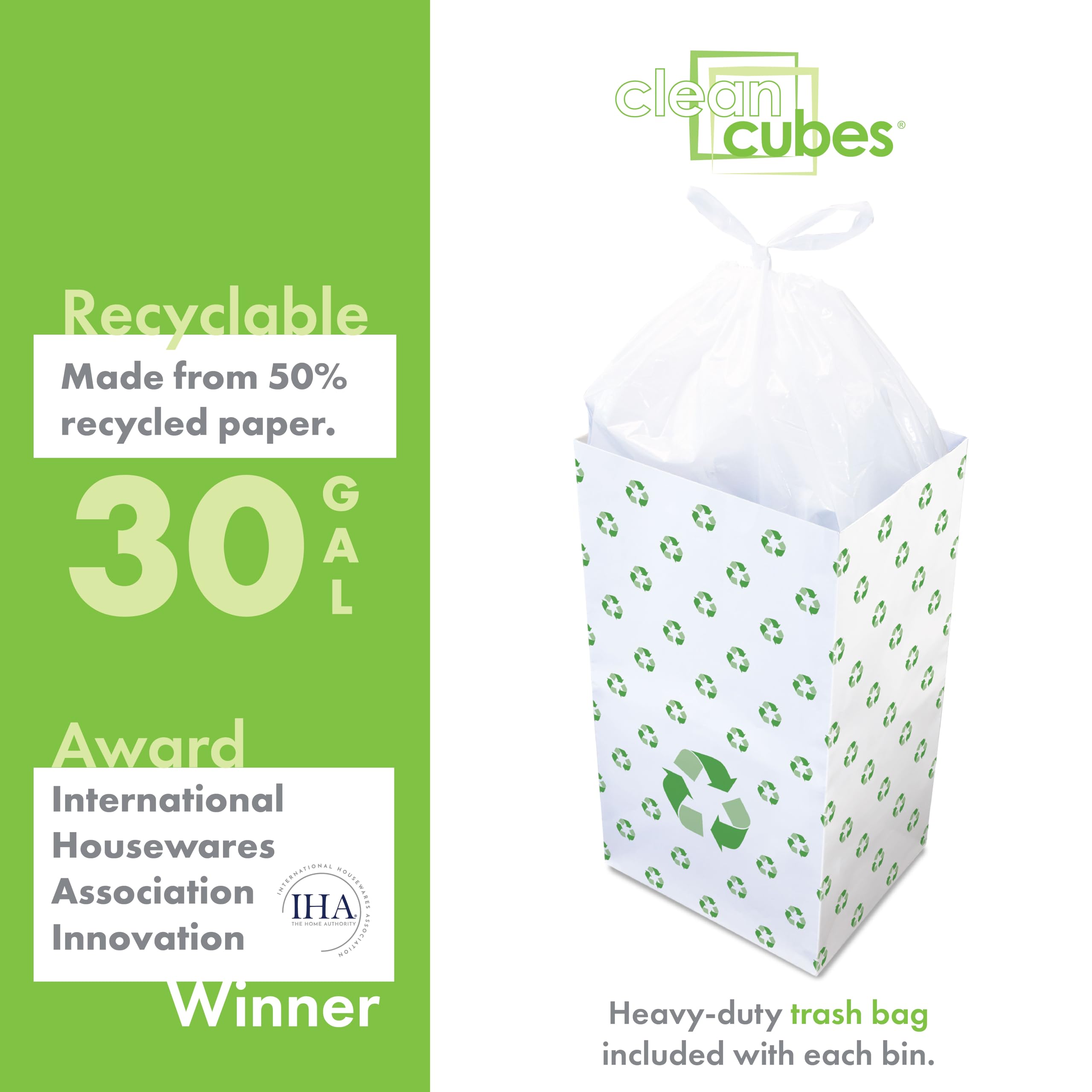 Clean Cubes 30 Gallon Disposable Trash Cans (3-Pack). Reusable Garbage and Recycling Bins for Parties  Events  and More (Recycle Pattern - 30 '' Tall x 14 '' Wide 17 '' Deep)